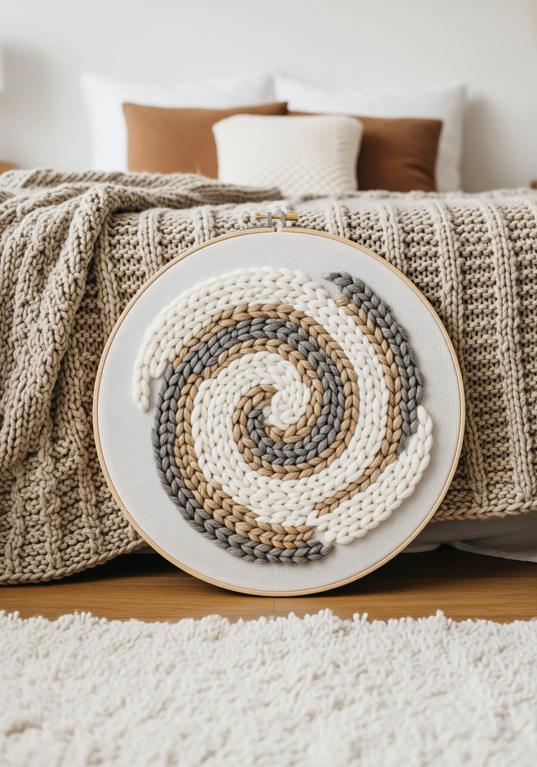 A spiral pattern made with thick, couched yarn in shades of cream, beige, and gray.