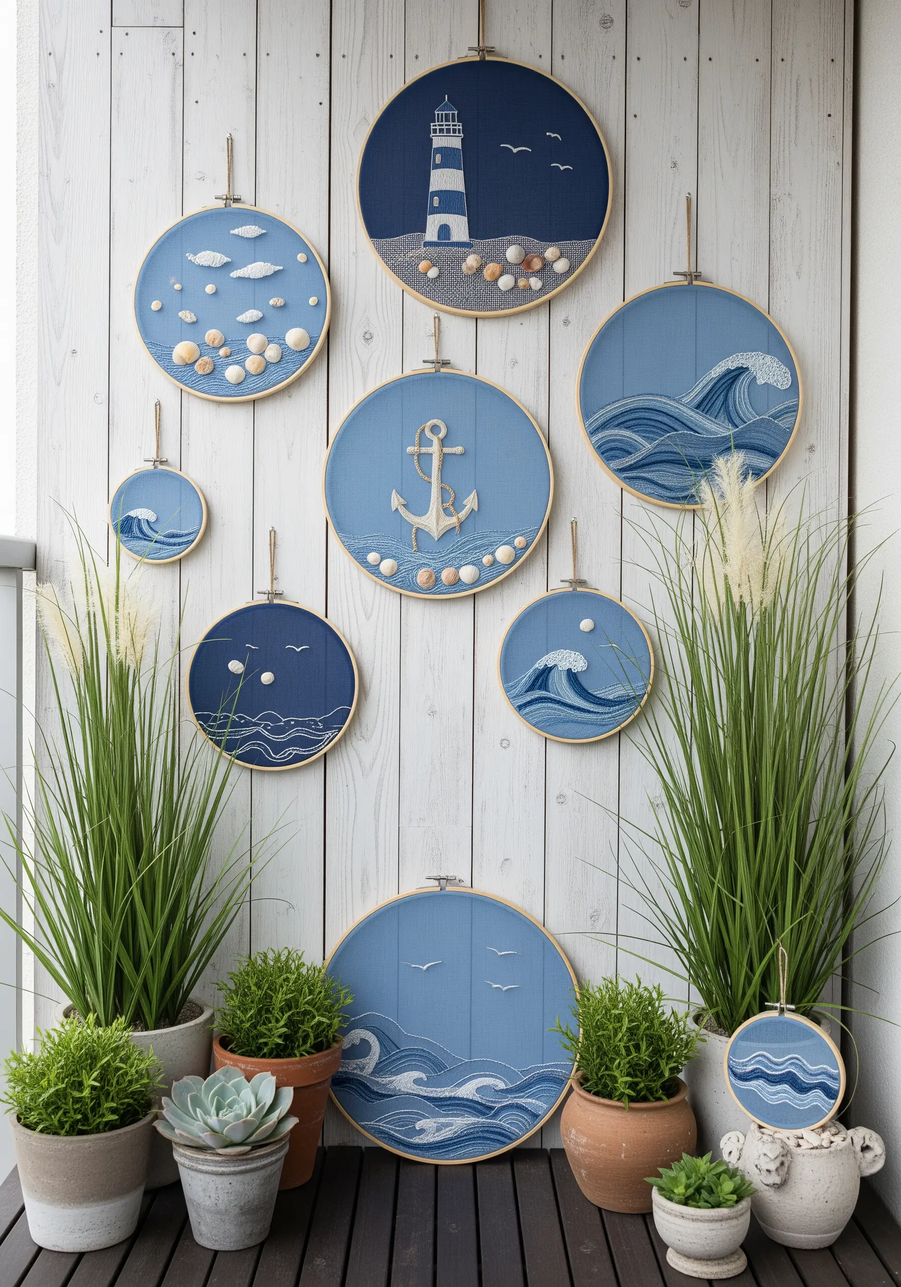 A collection of hoops with embroidered waves, an anchor, and real seashells.