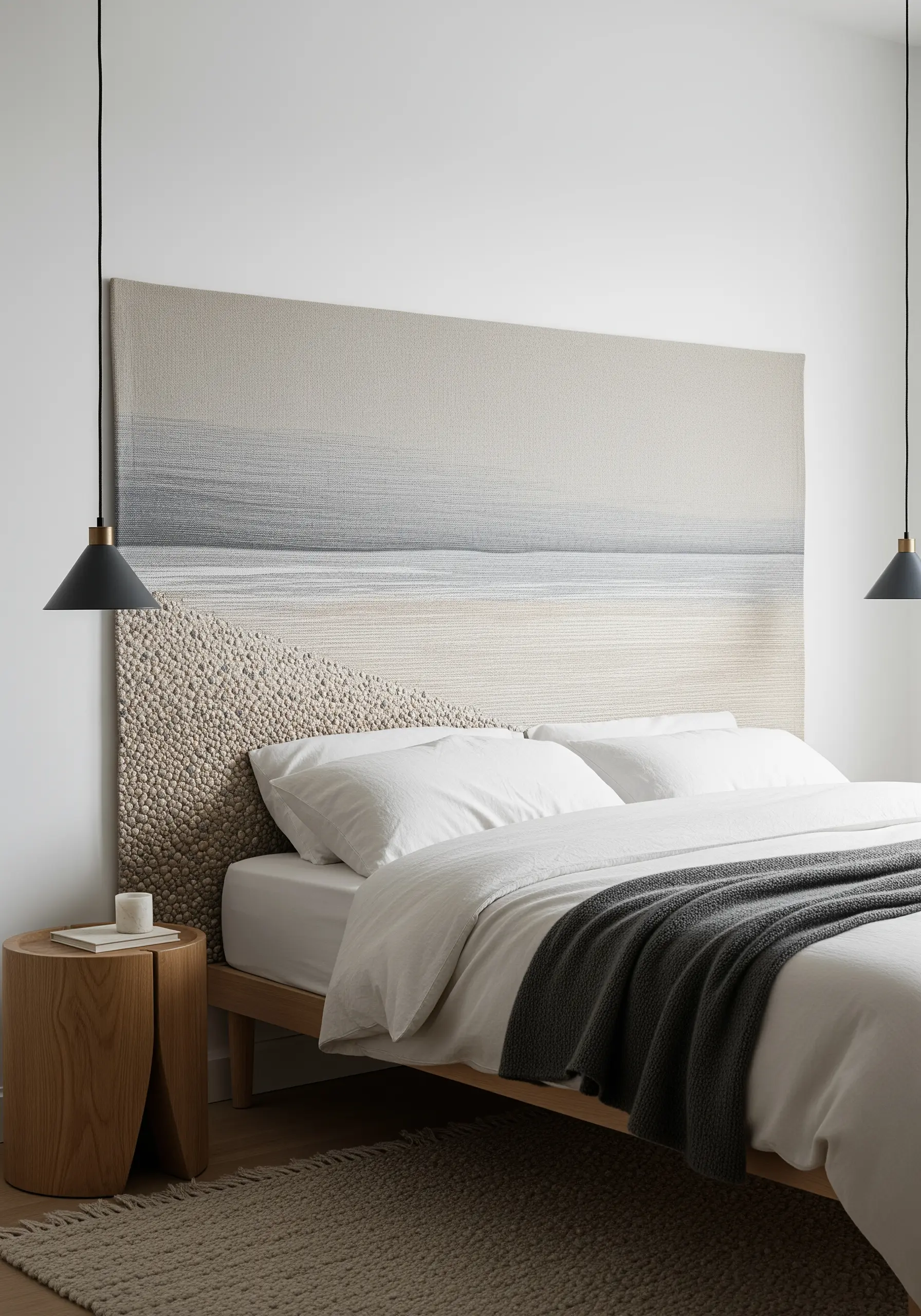 An embroidered textile headboard depicting a serene, textured beachscape.