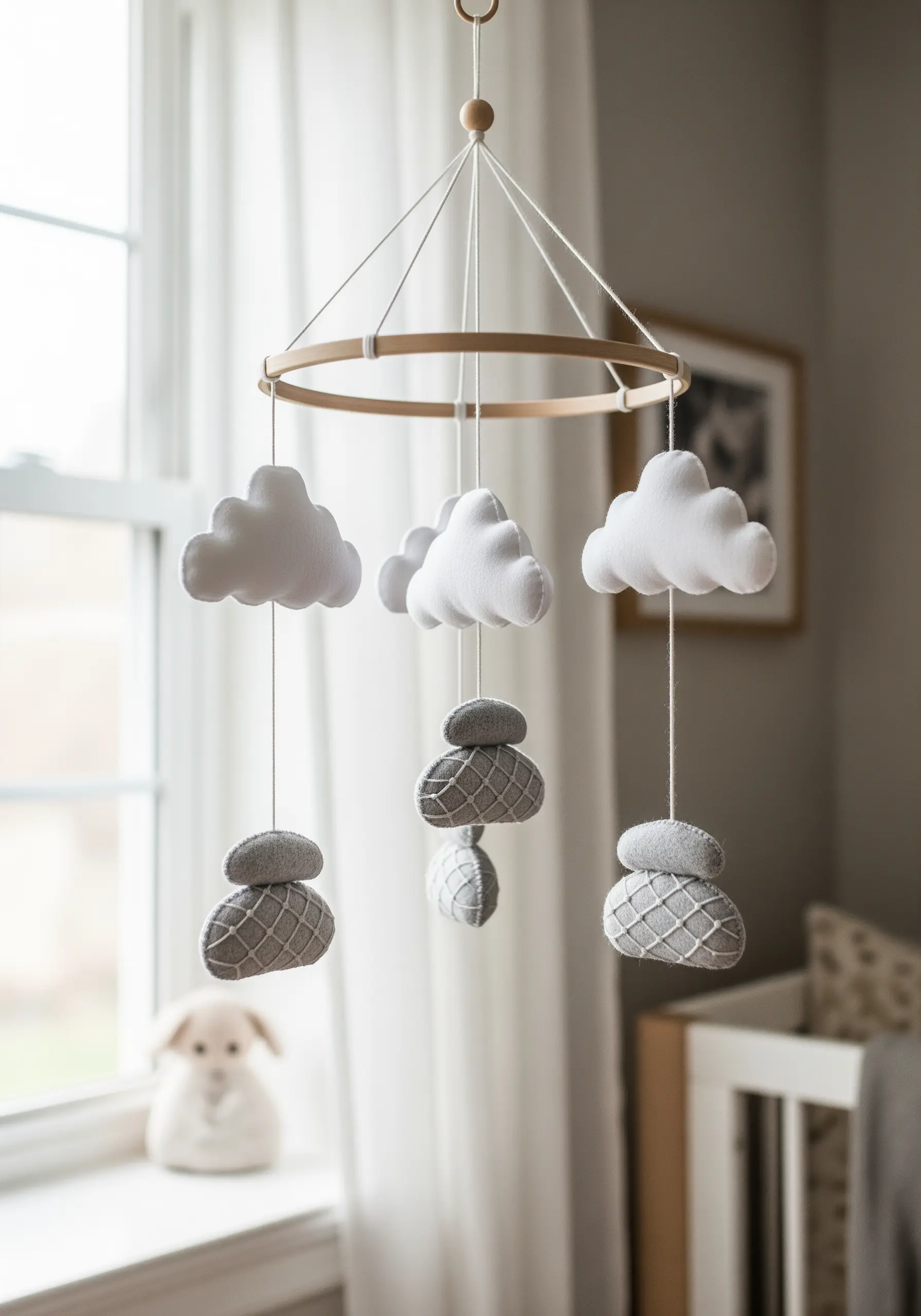 A nursery mobile with white felt clouds and soft, embroidered gray felt stones.