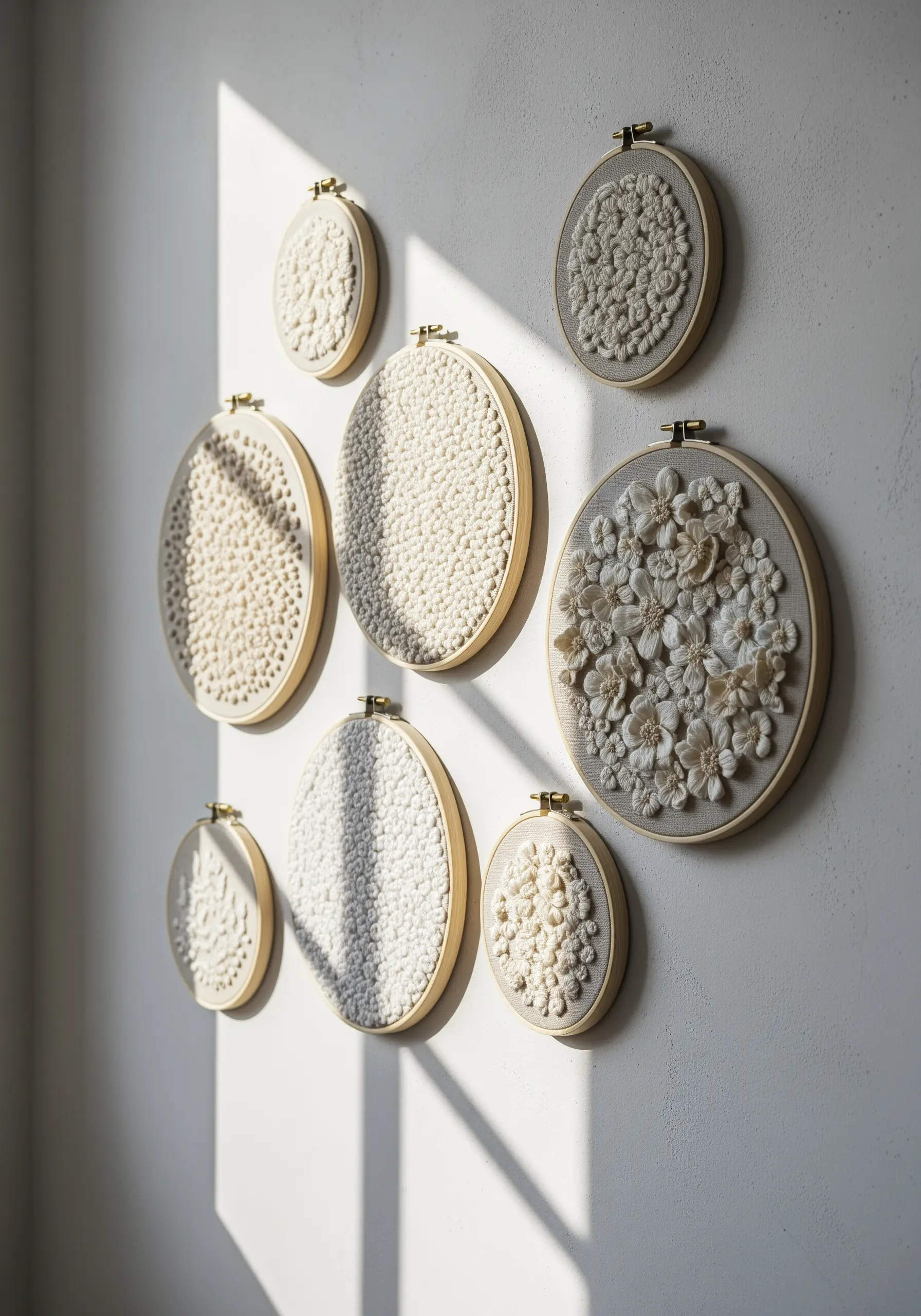 A collection of embroidery hoops featuring white-on-white textural stitches and 3D floral elements.