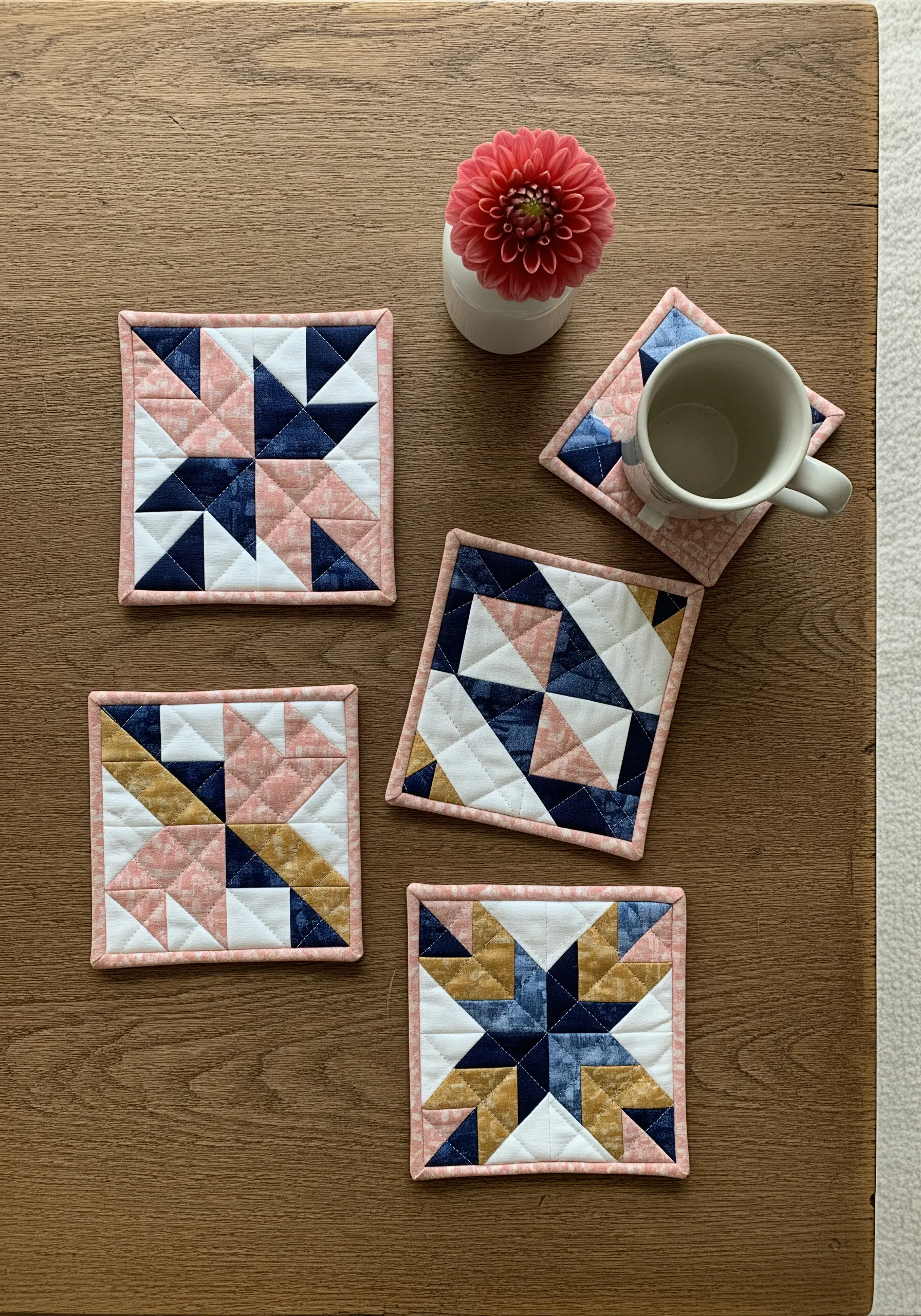 A set of four modern quilted coasters with star patterns in pink, navy, and gold.