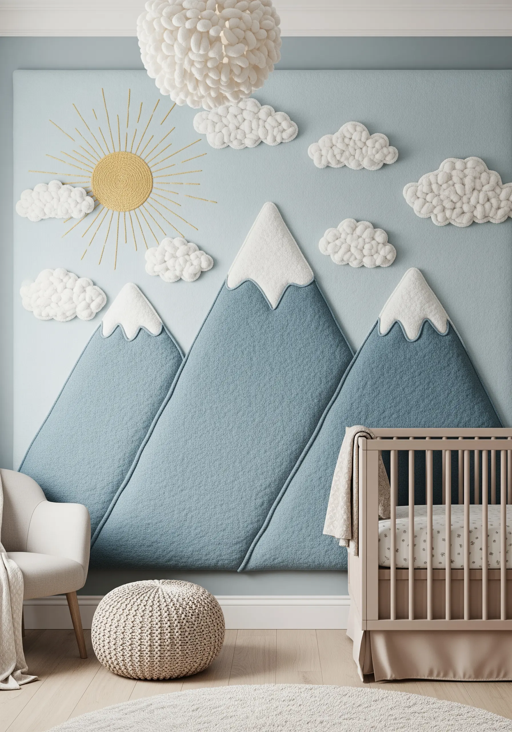 A nursery wall decorated with large, soft appliqué mountains and fluffy yarn clouds