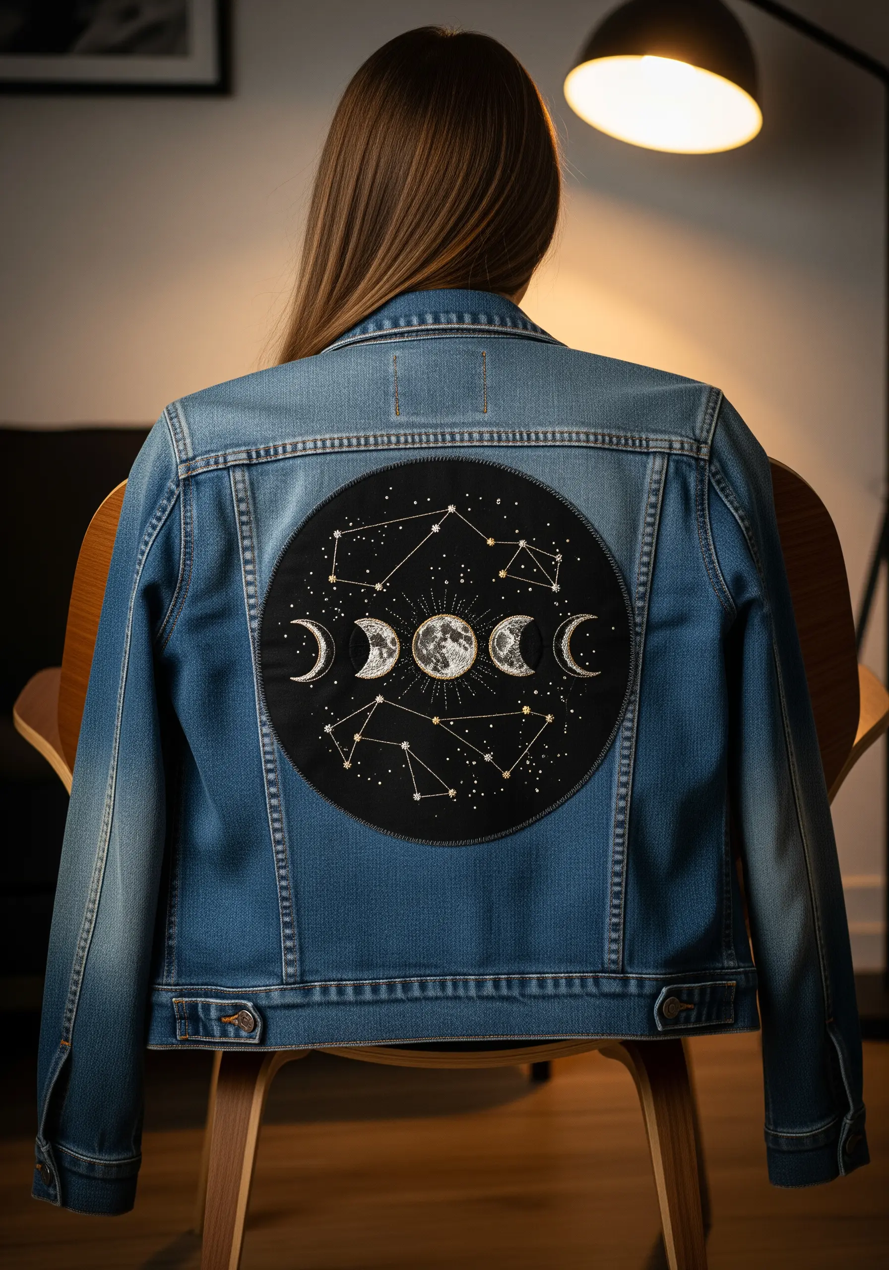 An embroidered celestial patch with moon phases and constellations on a denim jacket.