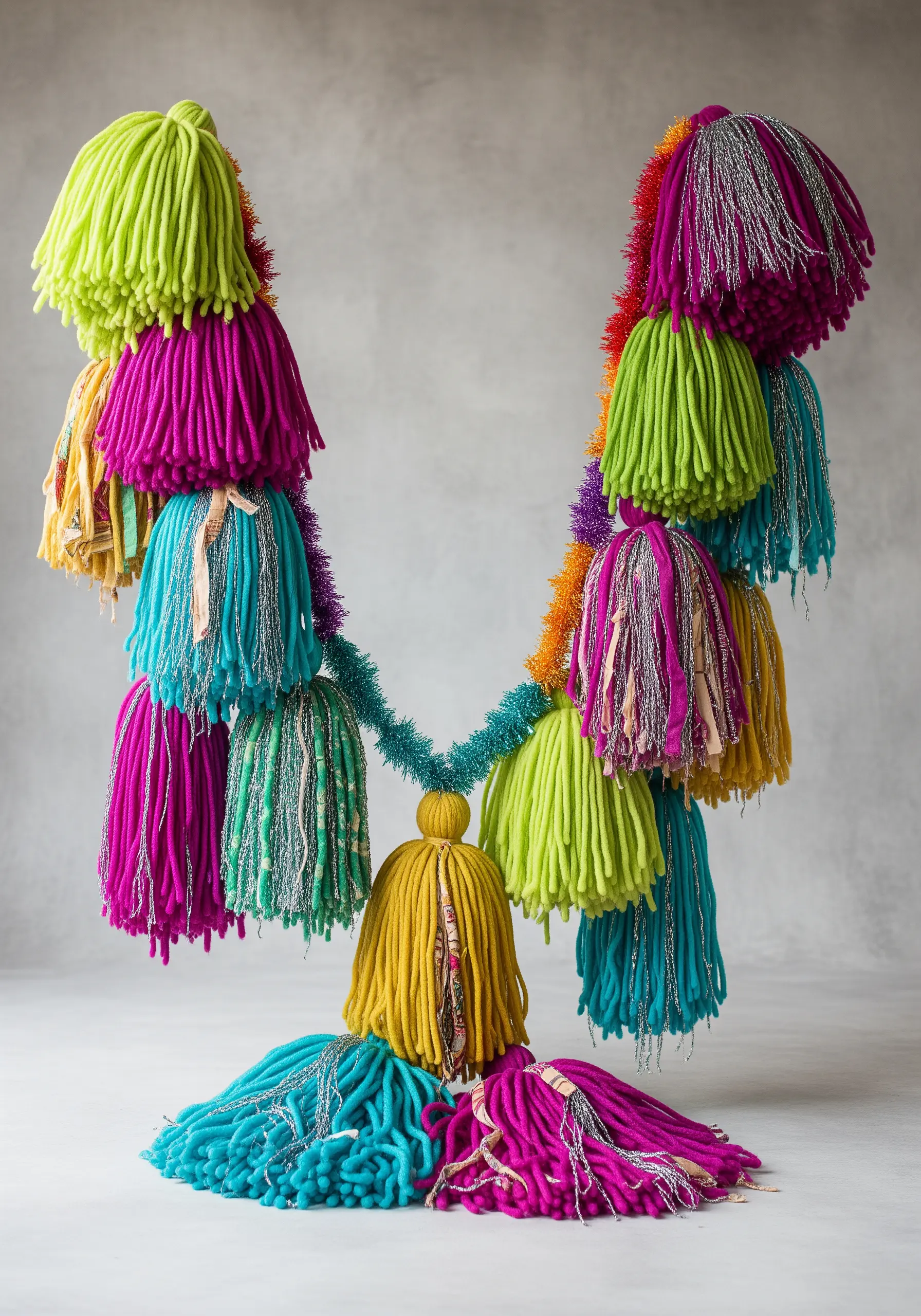 A vibrant garland made of oversized, multi-colored tassels in lime green, magenta, and turquoise.