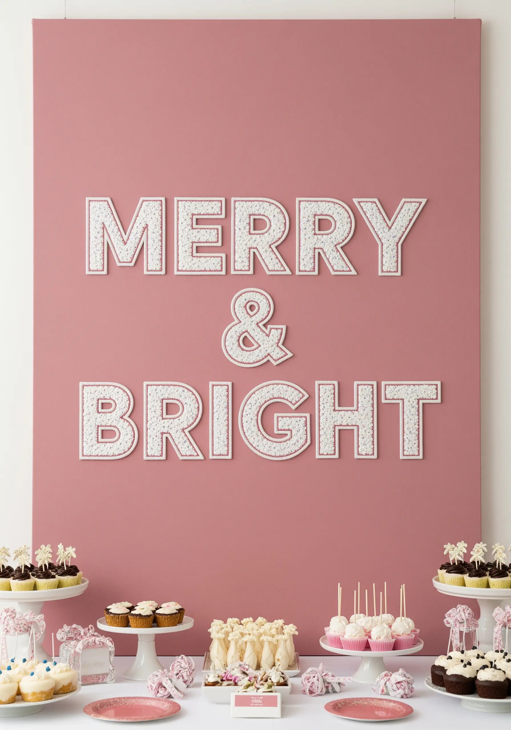 Large-scale 'Merry & Bright' wall letters covered in white and silver seed beads for a sparkly texture.