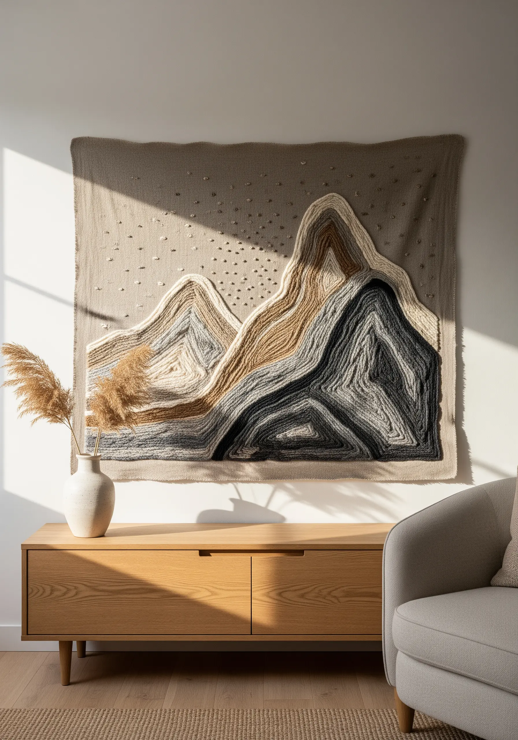 Large-scale neutral yarn couching tapestry of mountains on a wall.
