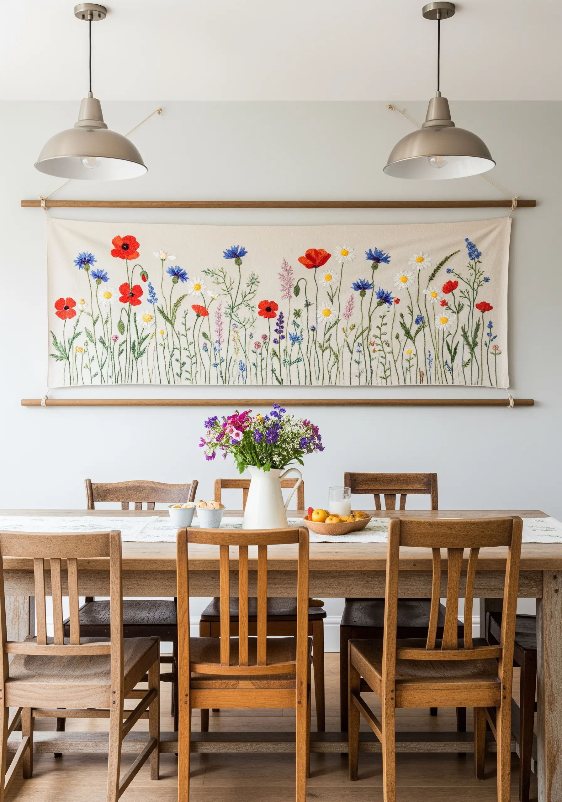 A large embroidered wall tapestry of a wildflower meadow hanging in a dining room.
