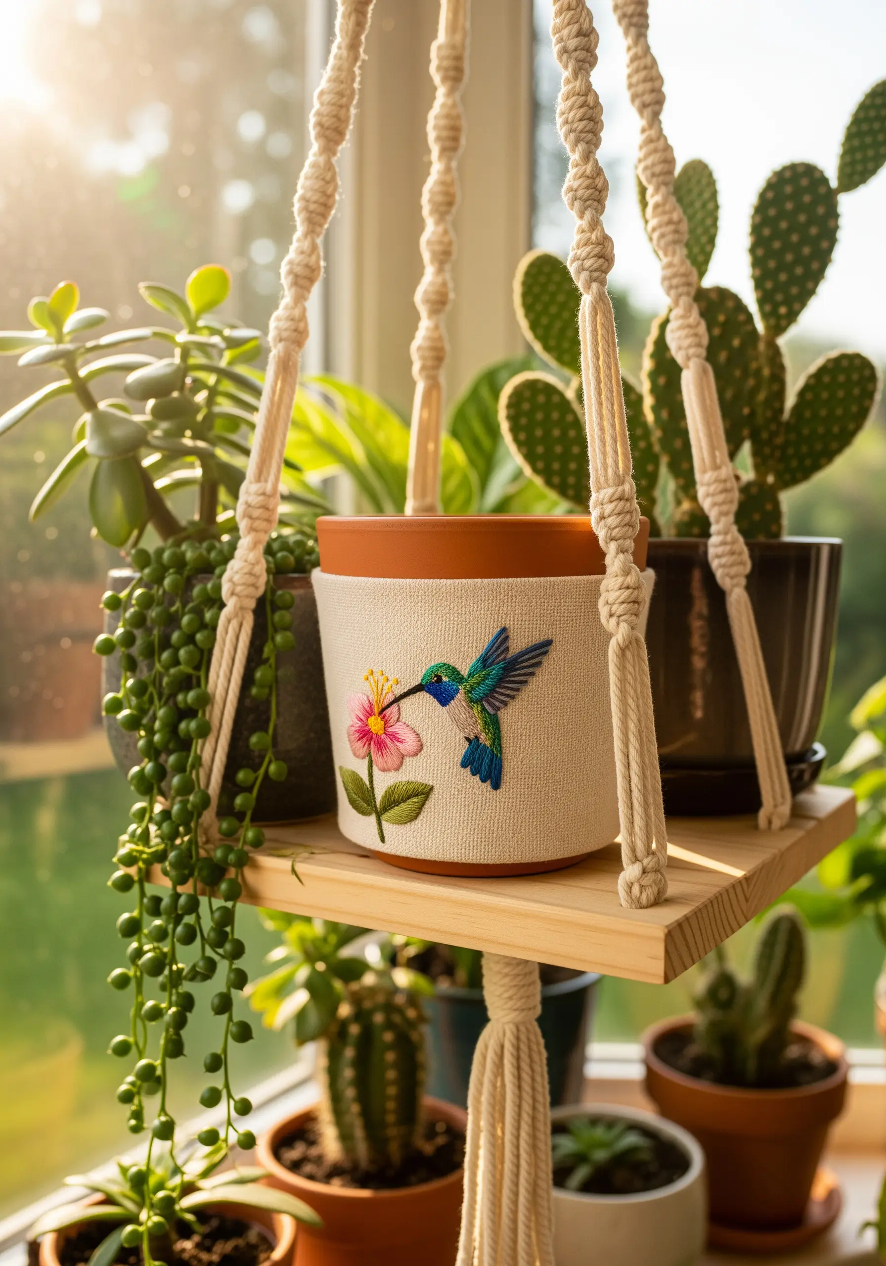 An embroidered fabric wrap around a plant pot featuring a colorful hummingbird and flower.