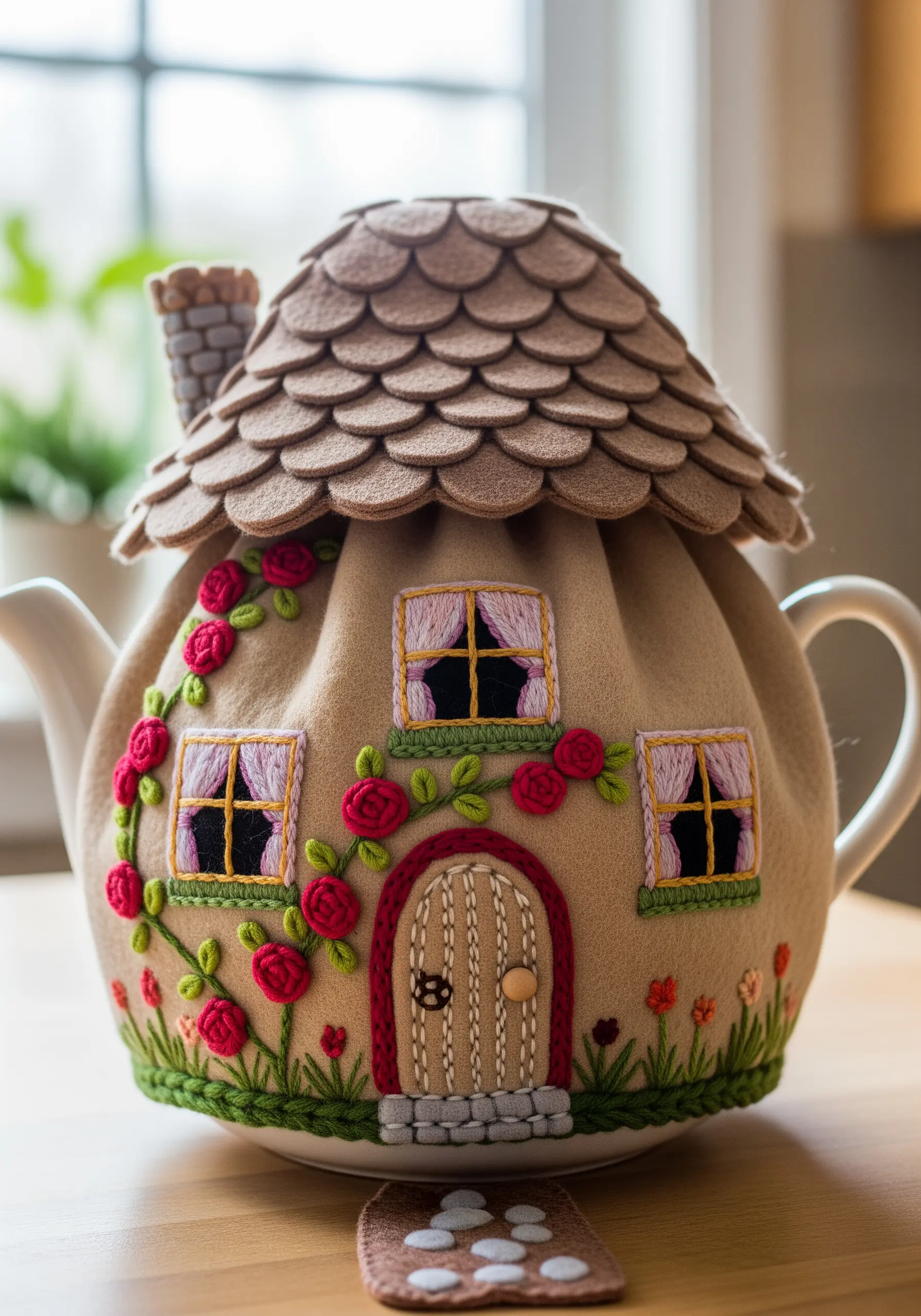 A whimsical teapot cozy shaped like a cottage with embroidered roses and a felt-tiled roof.