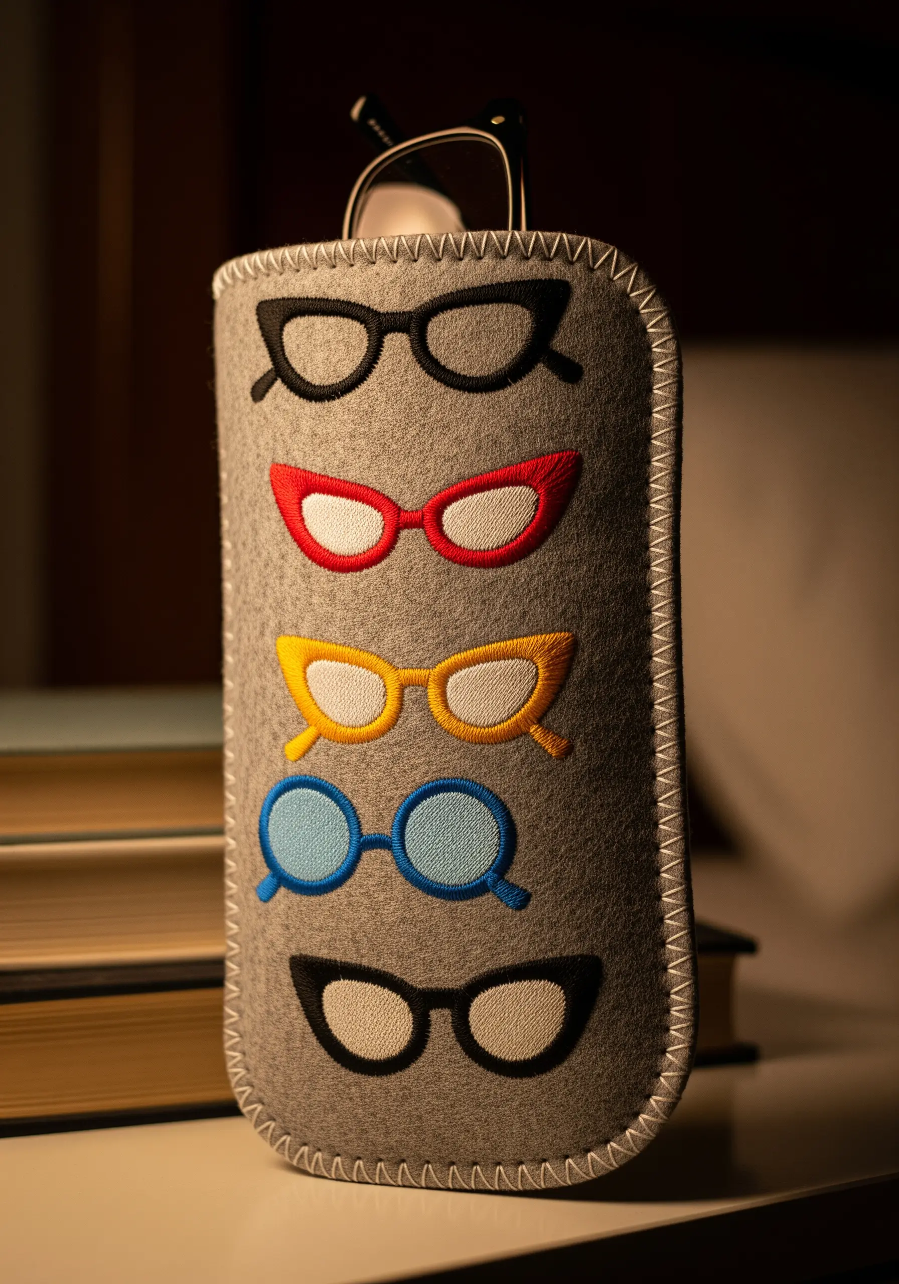 A gray felt eyeglass case decorated with a vertical row of colorful, embroidered glasses.