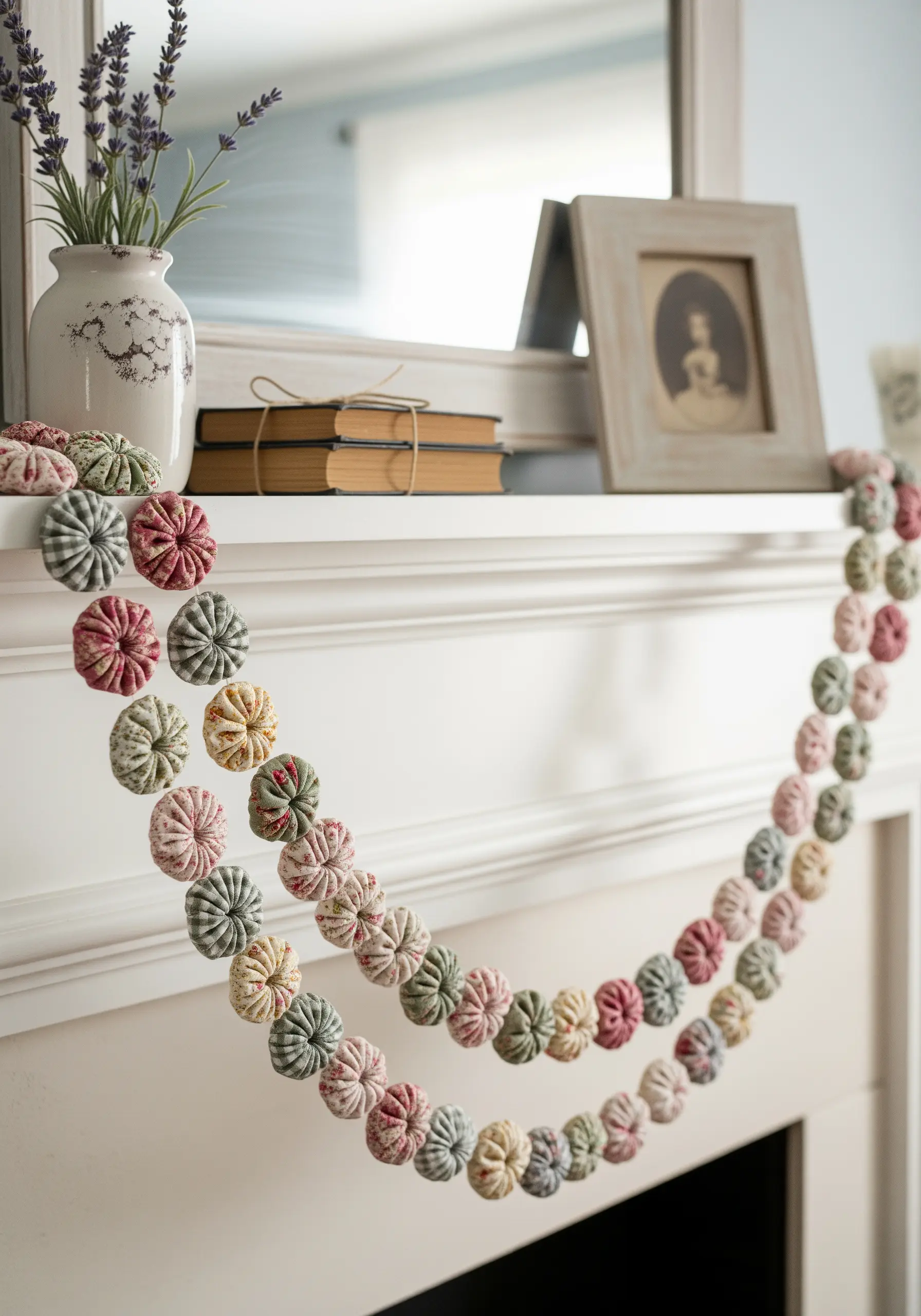 A garland made of gathered fabric yo-yos in muted floral patterns.