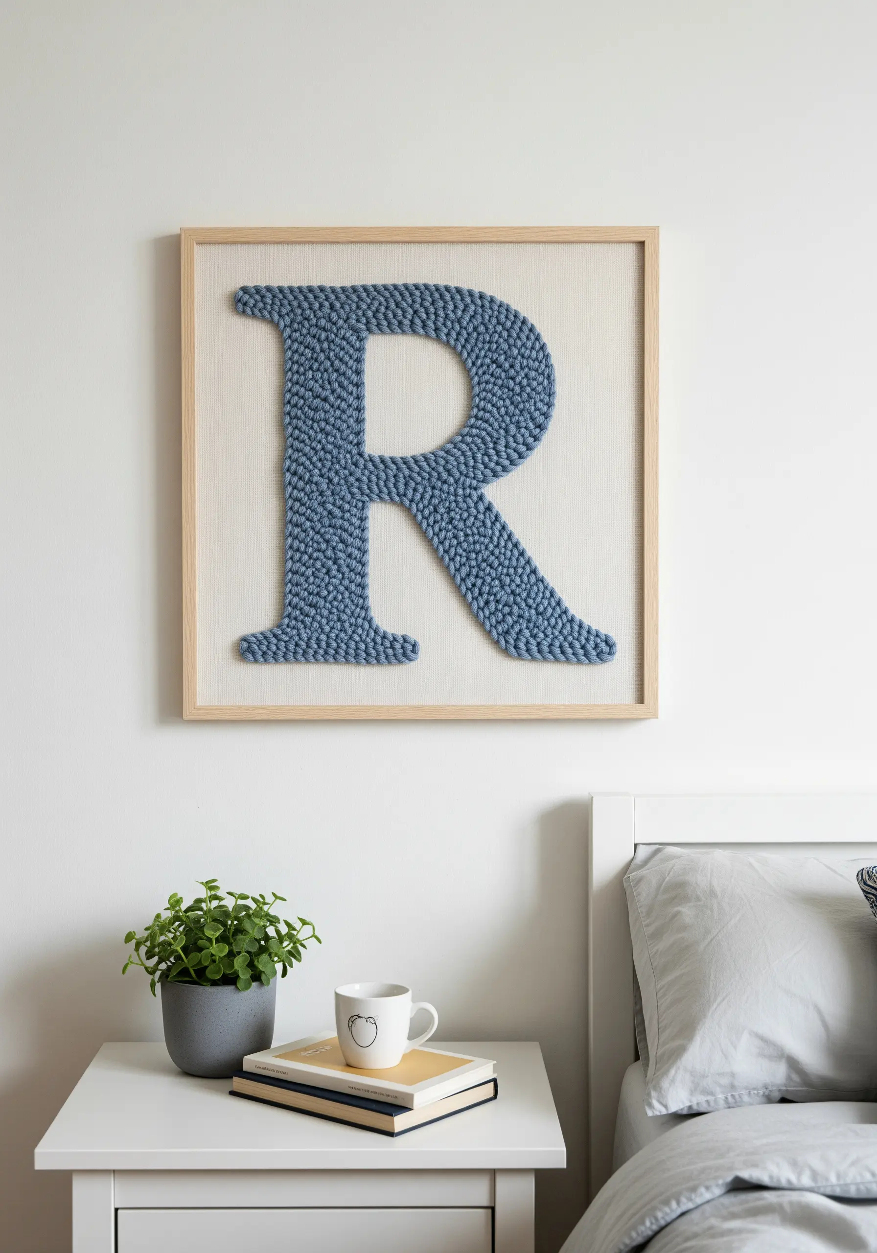A framed punch needle monogram 'R' in a dusty blue, hung above a nightstand.