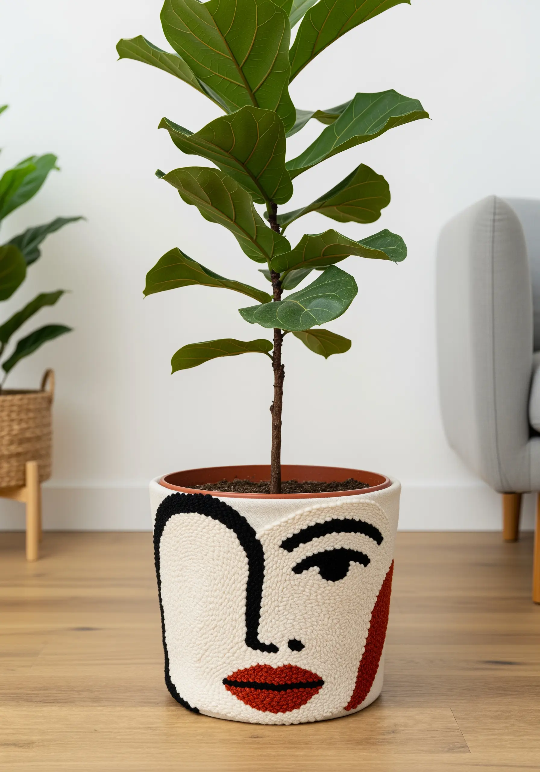 A cream-colored planter pot covered with a punch needle sleeve featuring an abstract face.