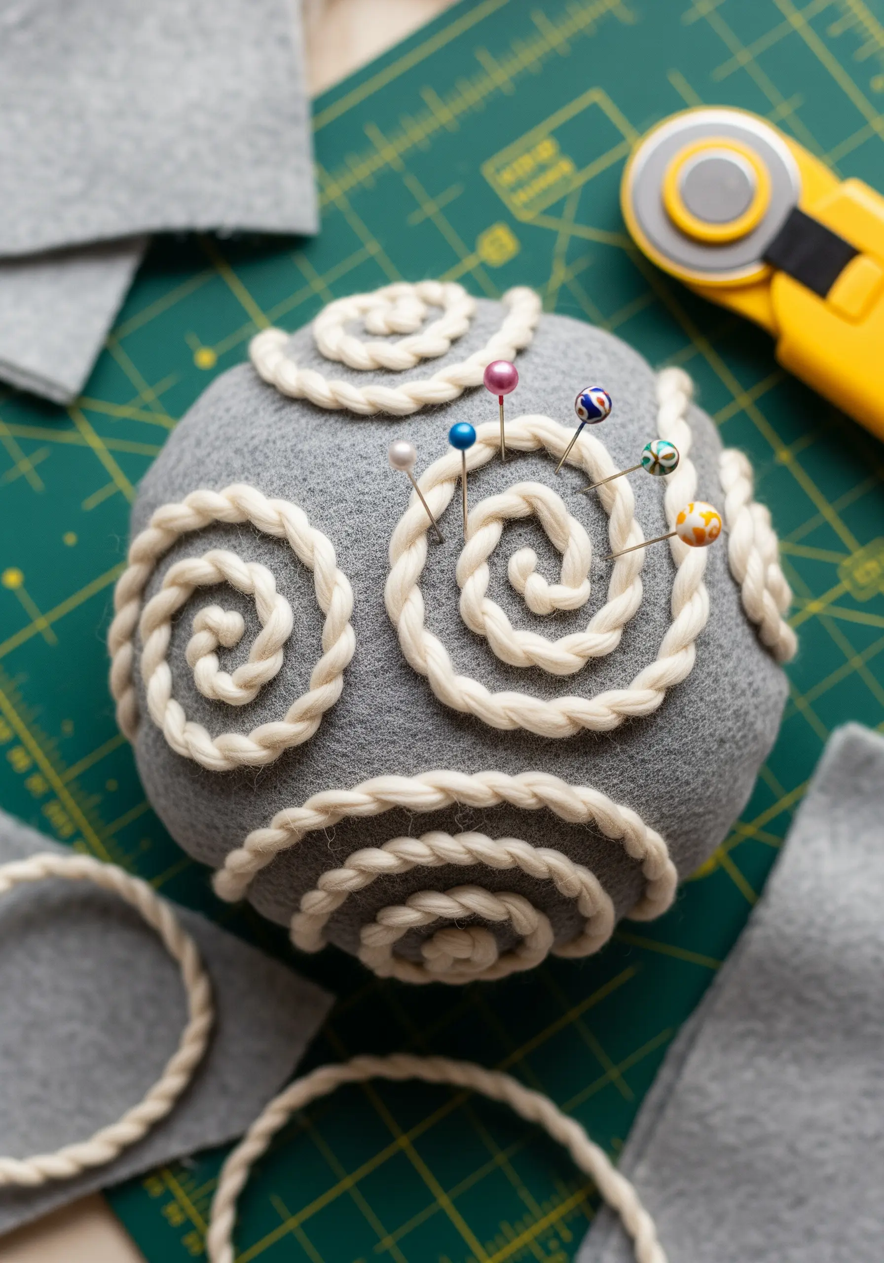 A gray felt pincushion decorated with couched spirals of white braided cord.