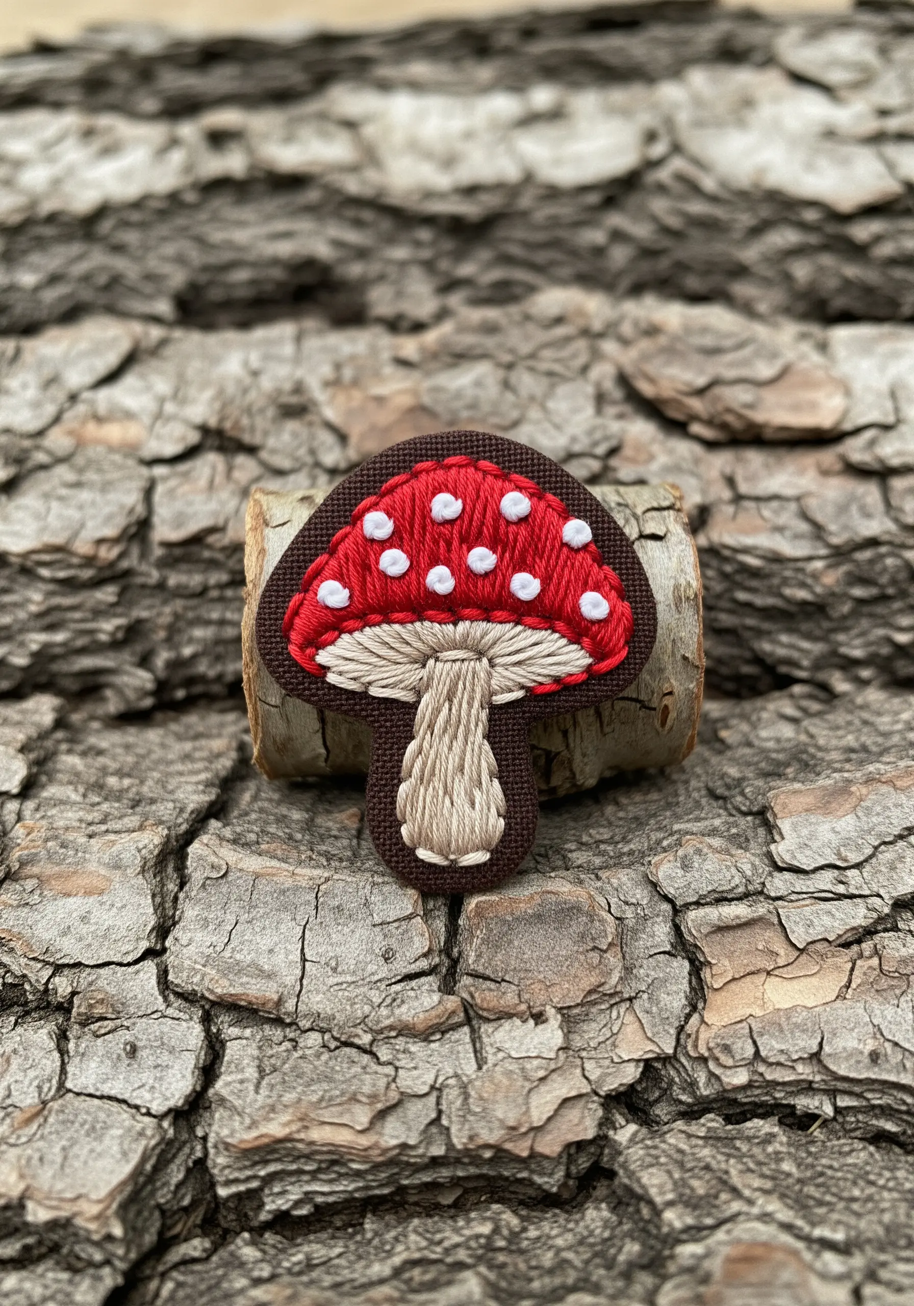 A small, embroidered mushroom patch with a neatly finished brown border.