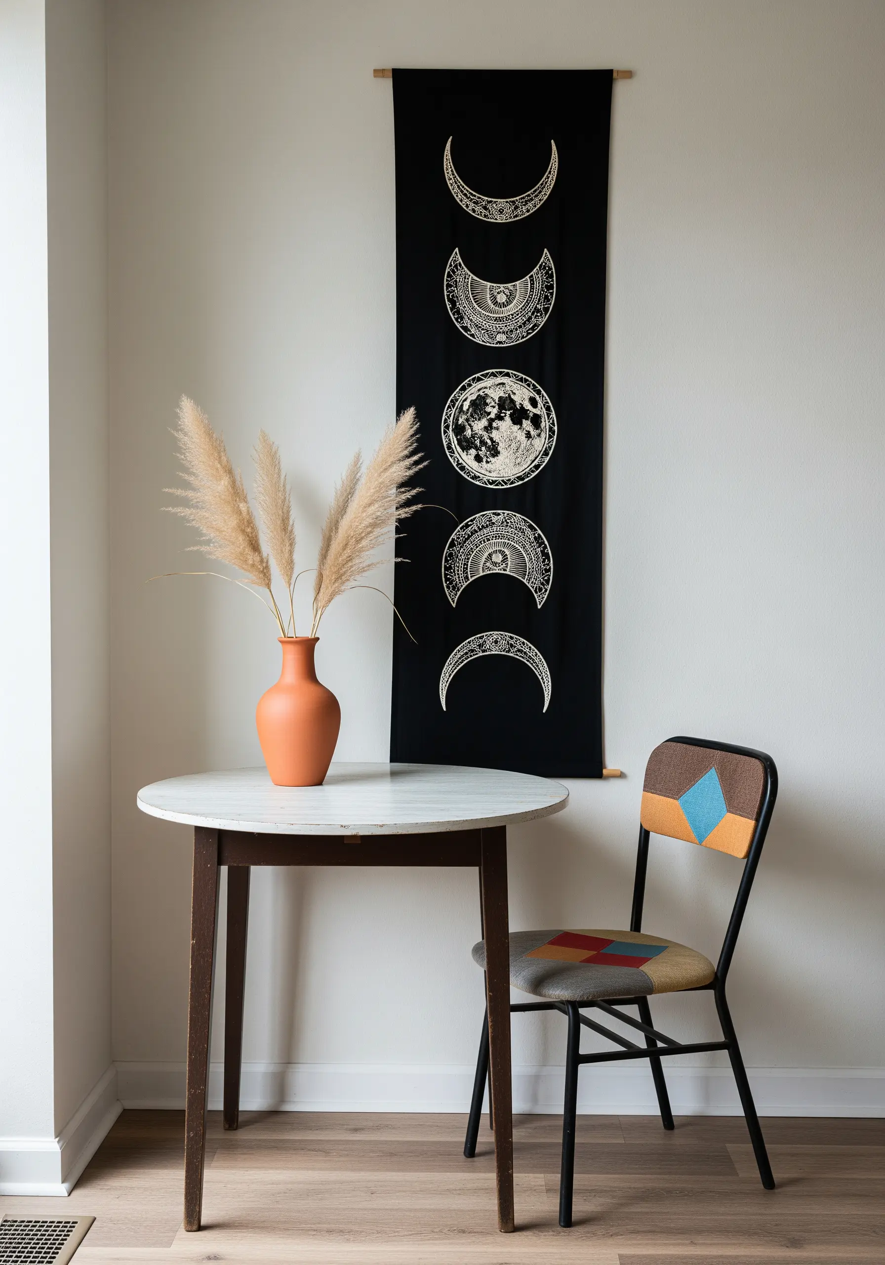 A long, black fabric wall hanging embroidered with the phases of the moon in white thread.