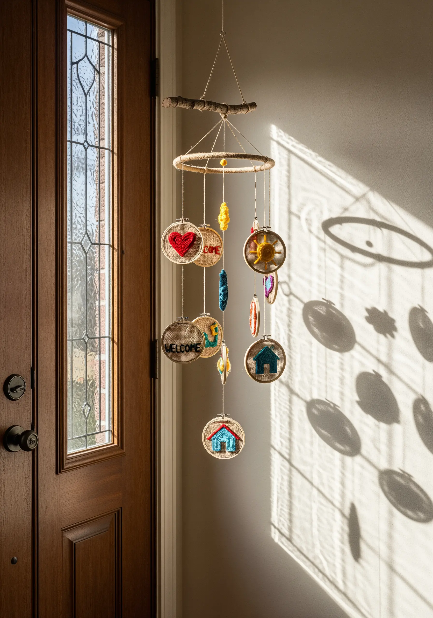 A hanging mobile made from small embroidery hoops on burlap, featuring icons like a heart and a house.
