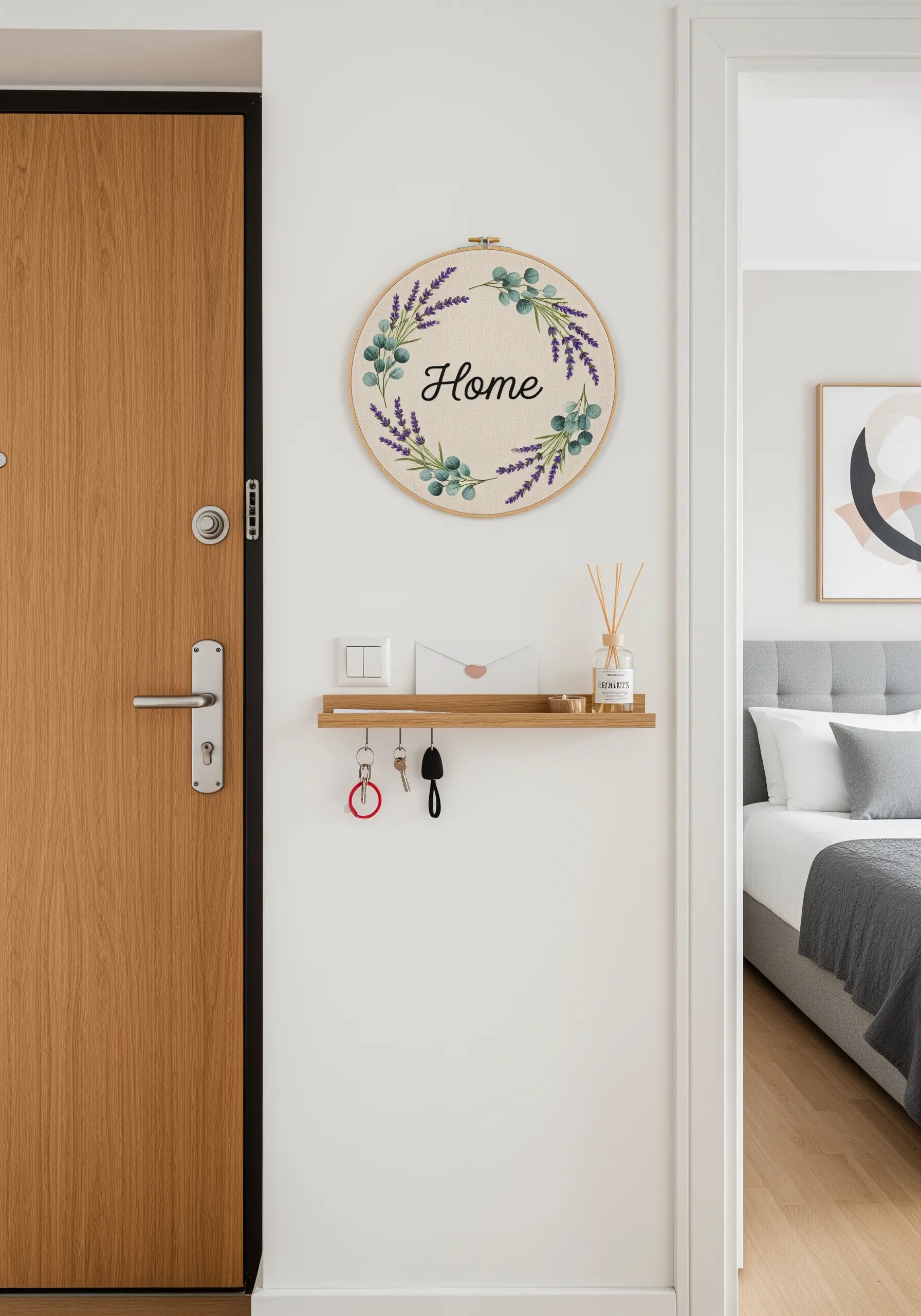 An embroidery hoop with the word 'Home' surrounded by a lavender and olive leaf wreath.