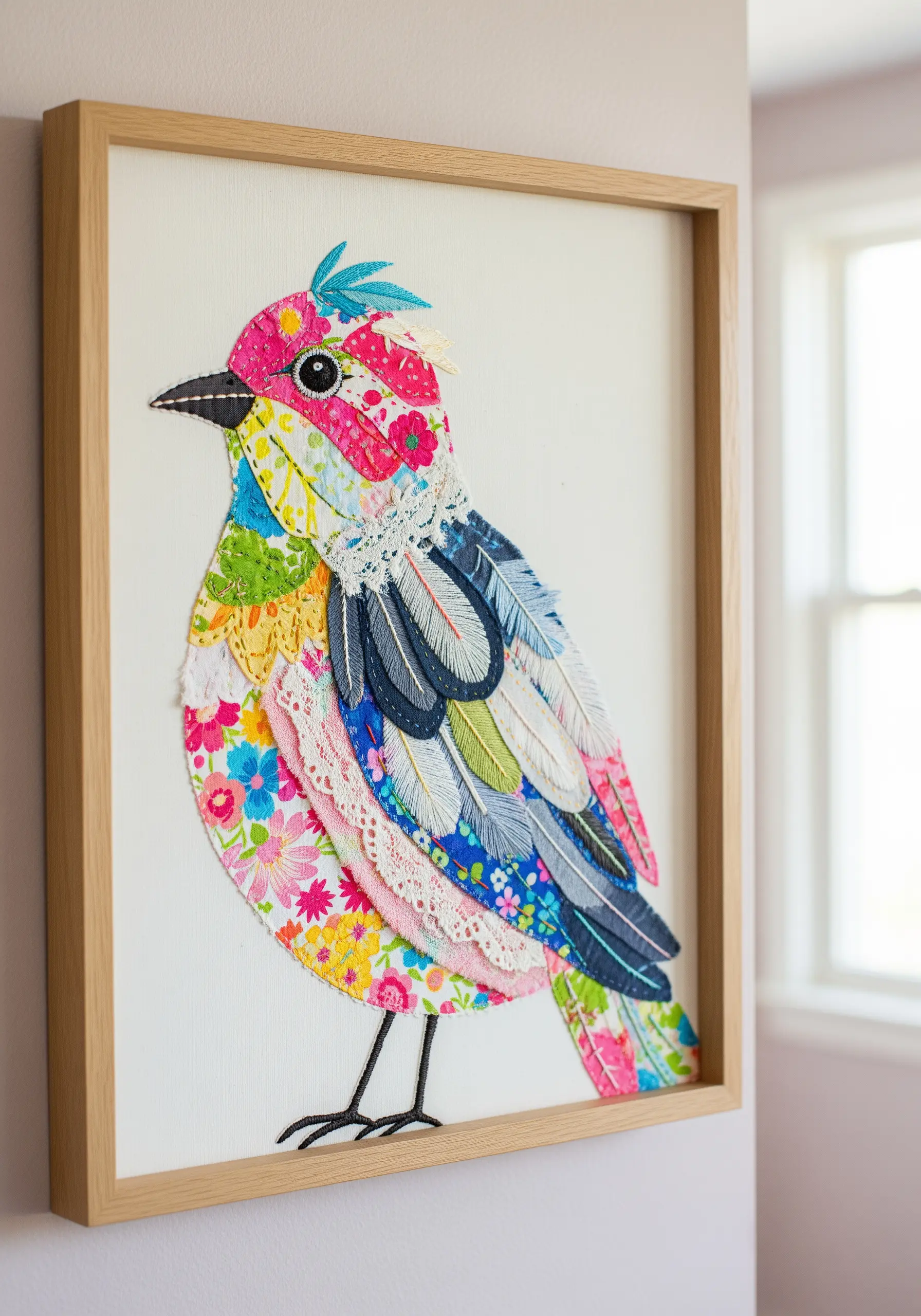 A framed fabric collage of a colorful bird made from numerous small, patterned scraps and lace