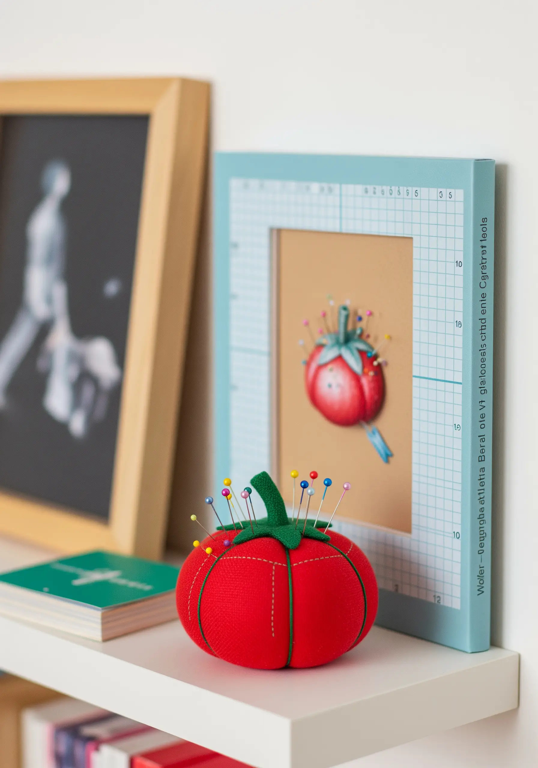 A classic red tomato pincushion with colorful pins sticking out, sitting on a white shelf