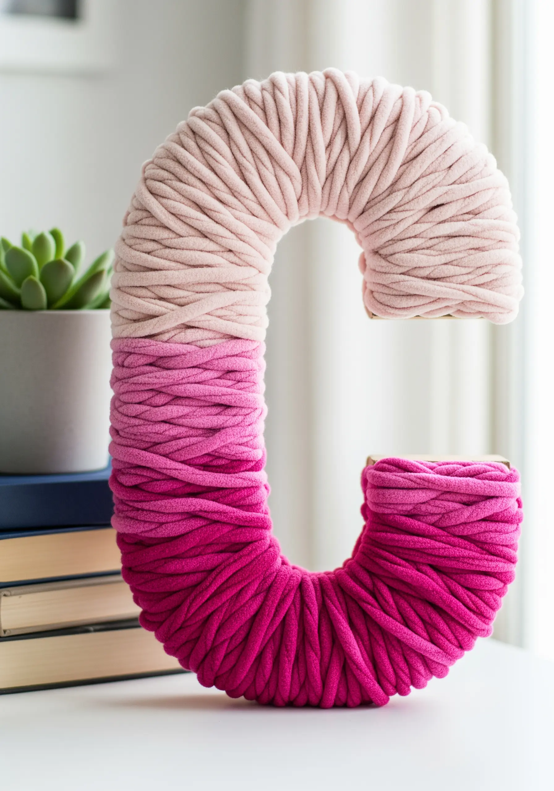A large letter 'C' wrapped in a gradient of pink and magenta chunky yarn.