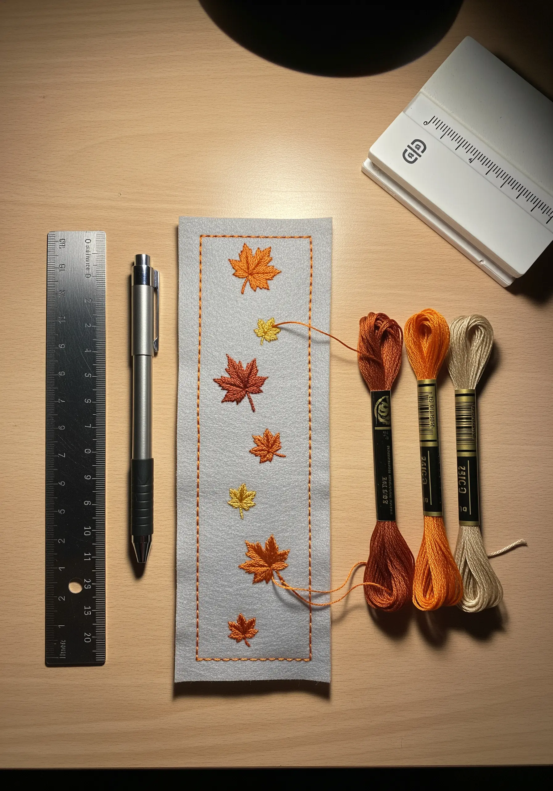 A gray felt bookmark embroidered with small, detailed autumn maple leaves in warm colors.