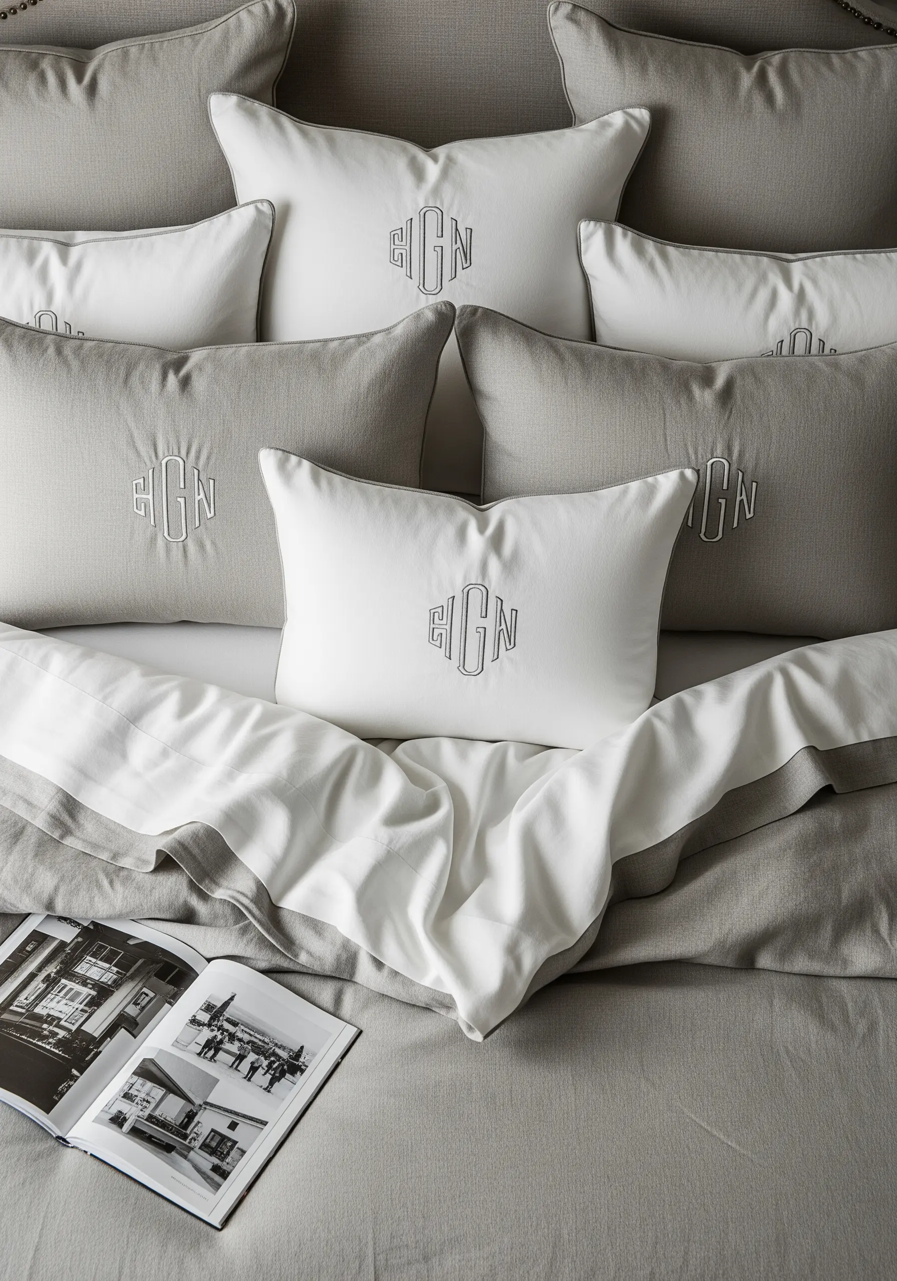 A classic, interlocking three-letter monogram embroidered in white satin stitch on gray pillows.