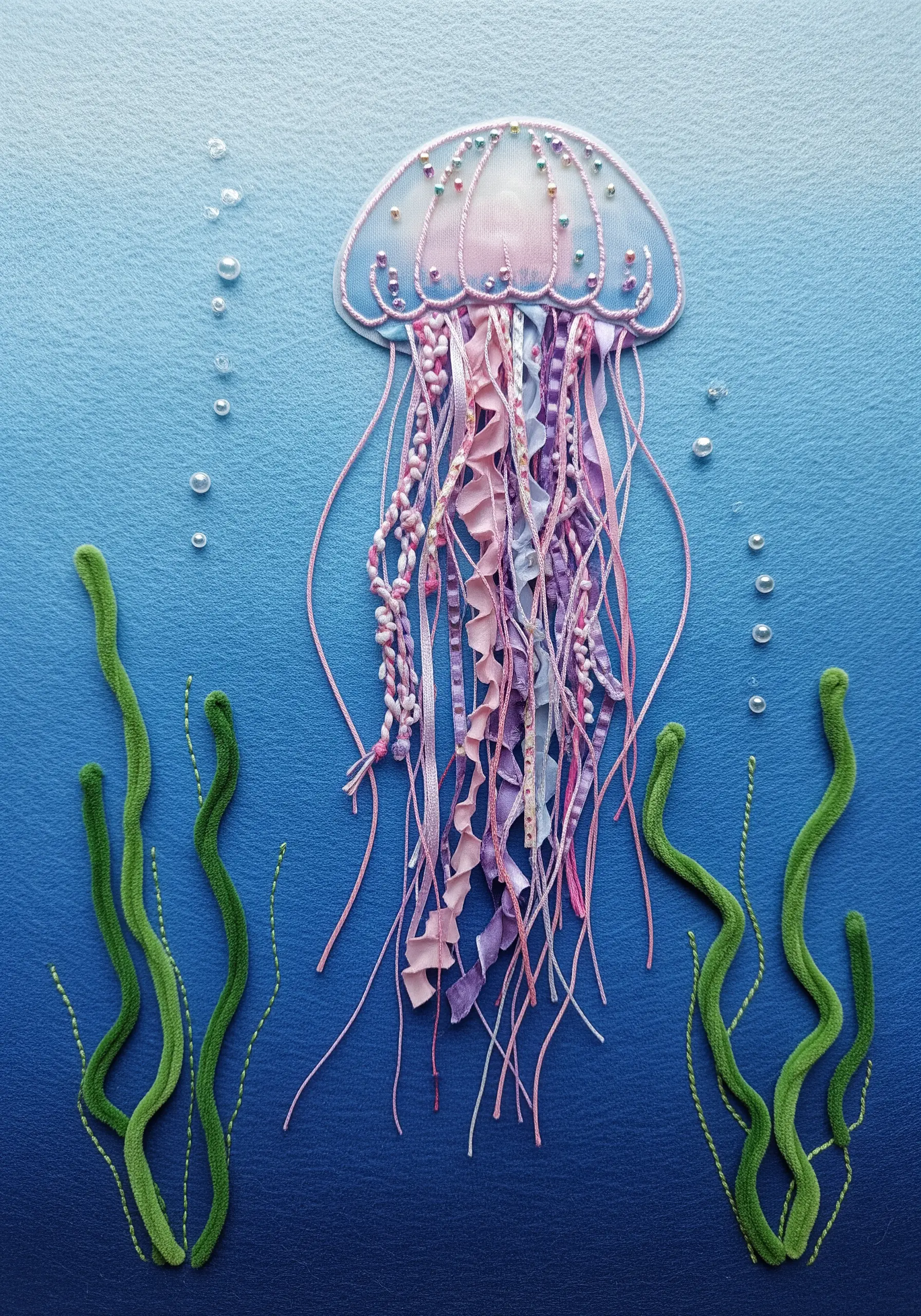 Mixed-media jellyfish with tulle, ribbon tentacles, and beads on blue fabric.