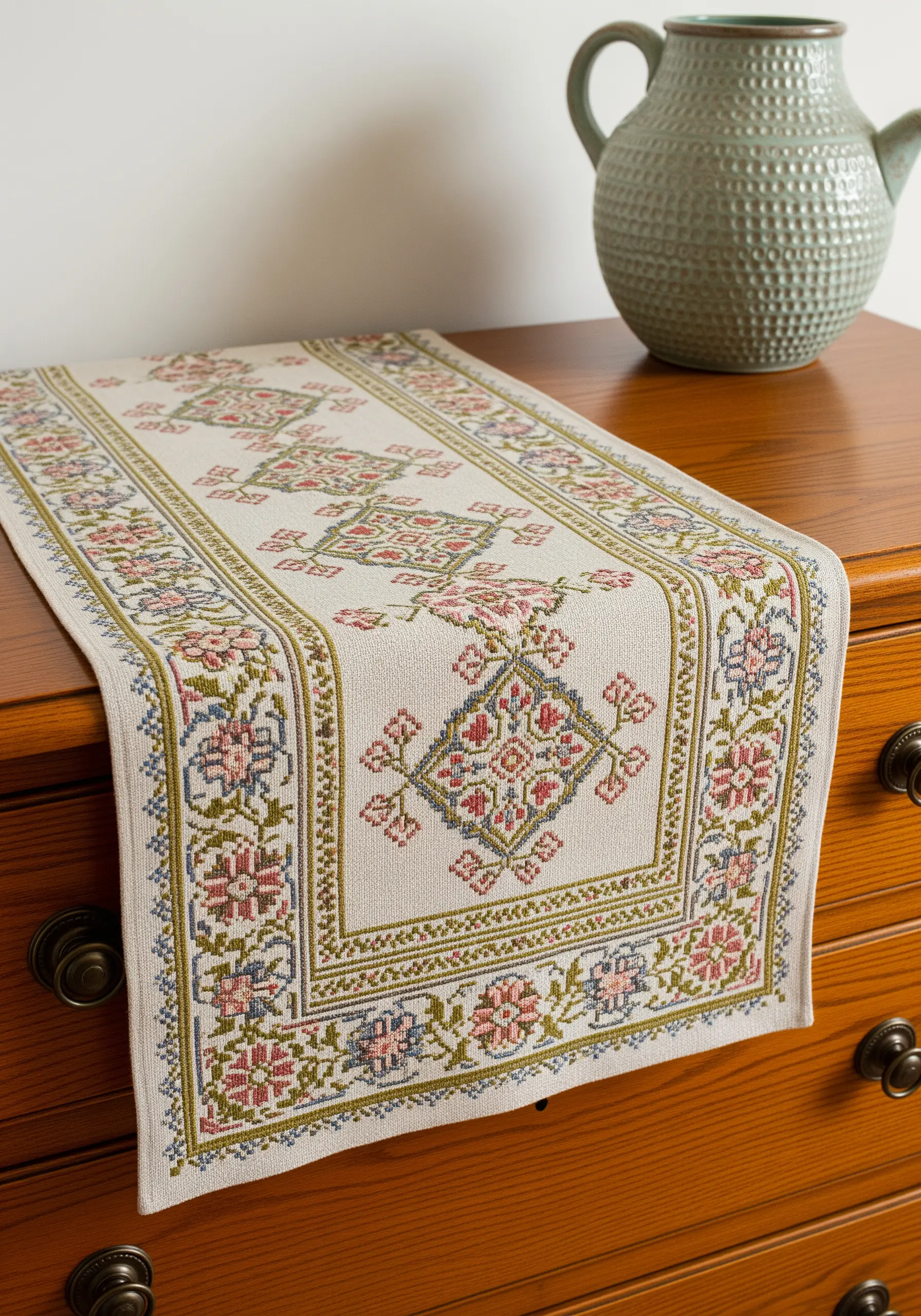 A linen table runner with a geometric cross-stitch pattern in muted pink, blue, and green tones.