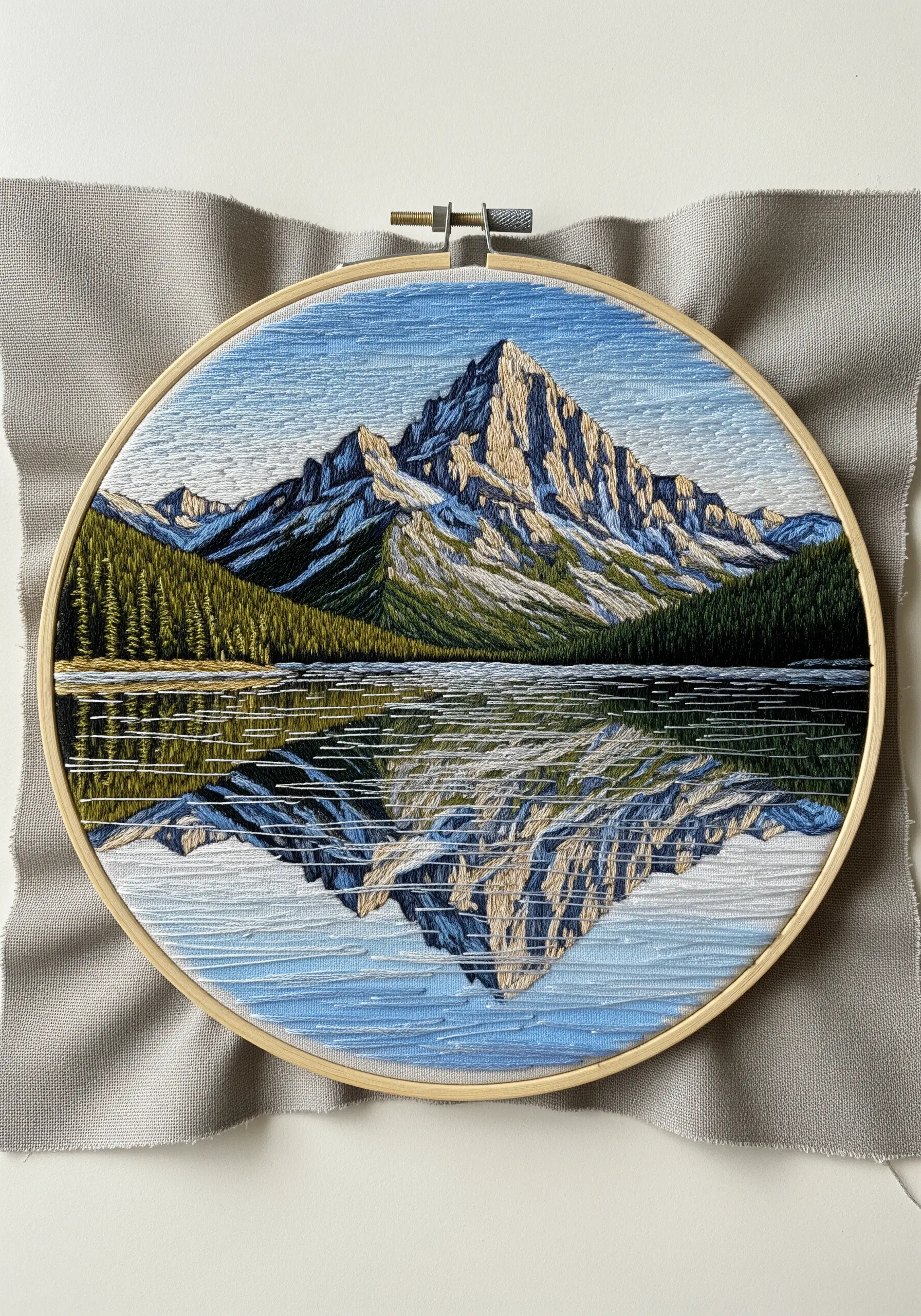 Painterly embroidery of a mountain reflection in a lake, created with short, broken stitches.