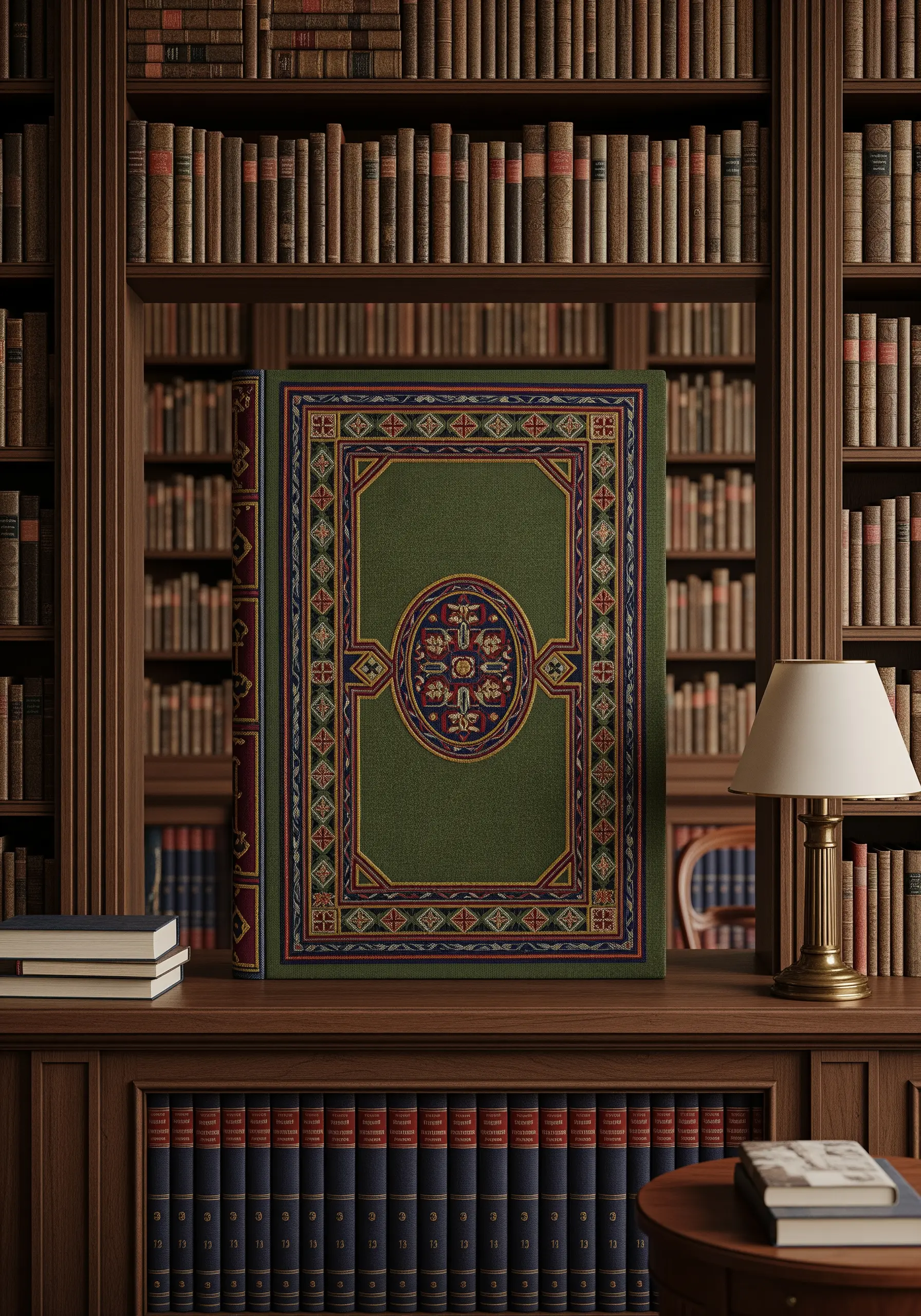 An intricate embroidered border with geometric micro-patterns on a book-like object.