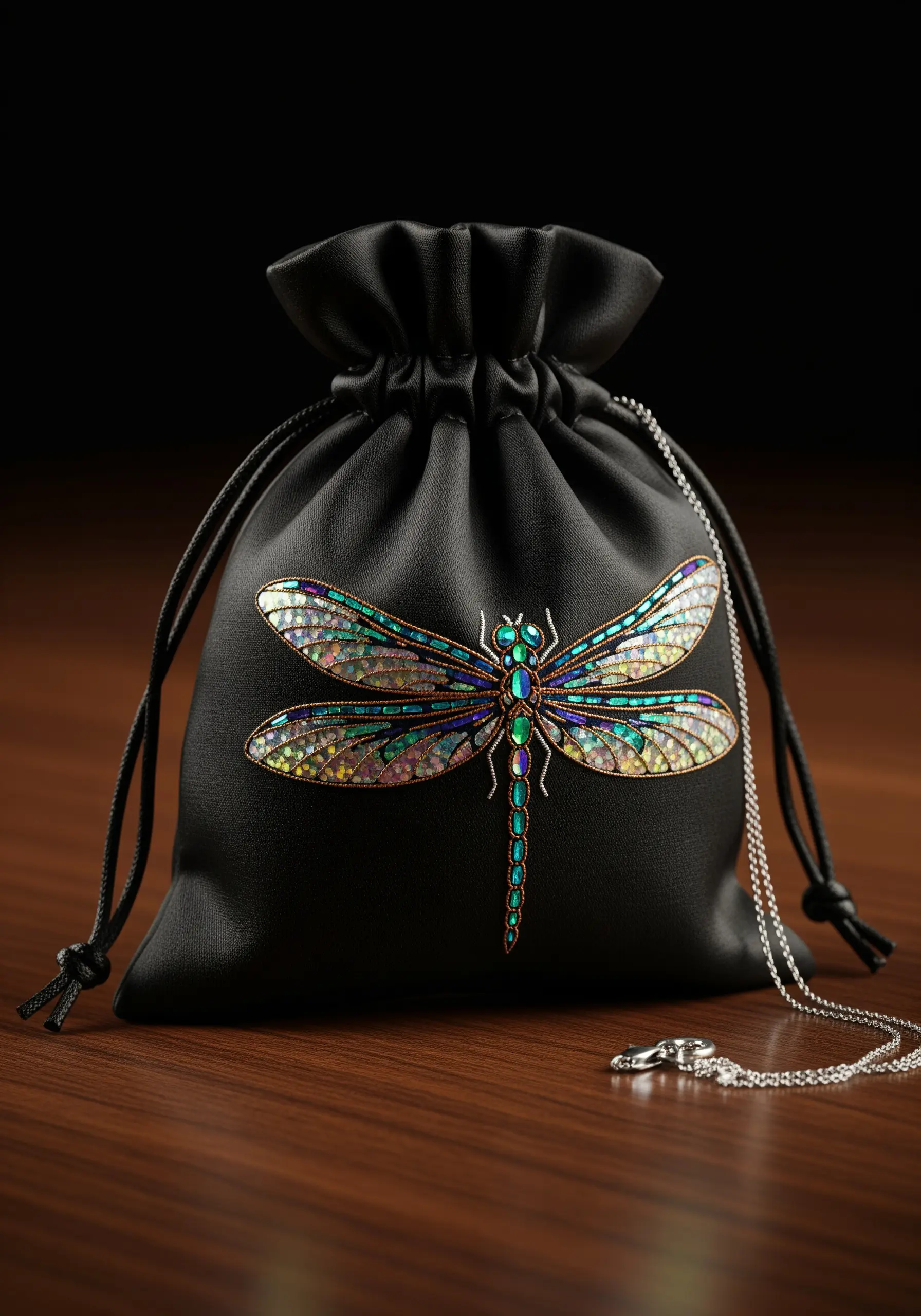 A black leather pouch with a large, intricately embroidered dragonfly with iridescent, colorful wings.