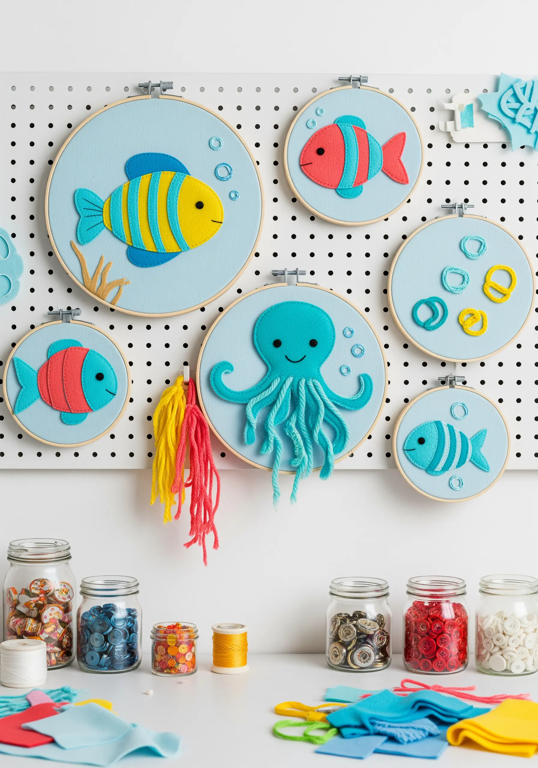 A pegboard displaying an under-the-sea theme with felt fish and yarn octopus hoop art.