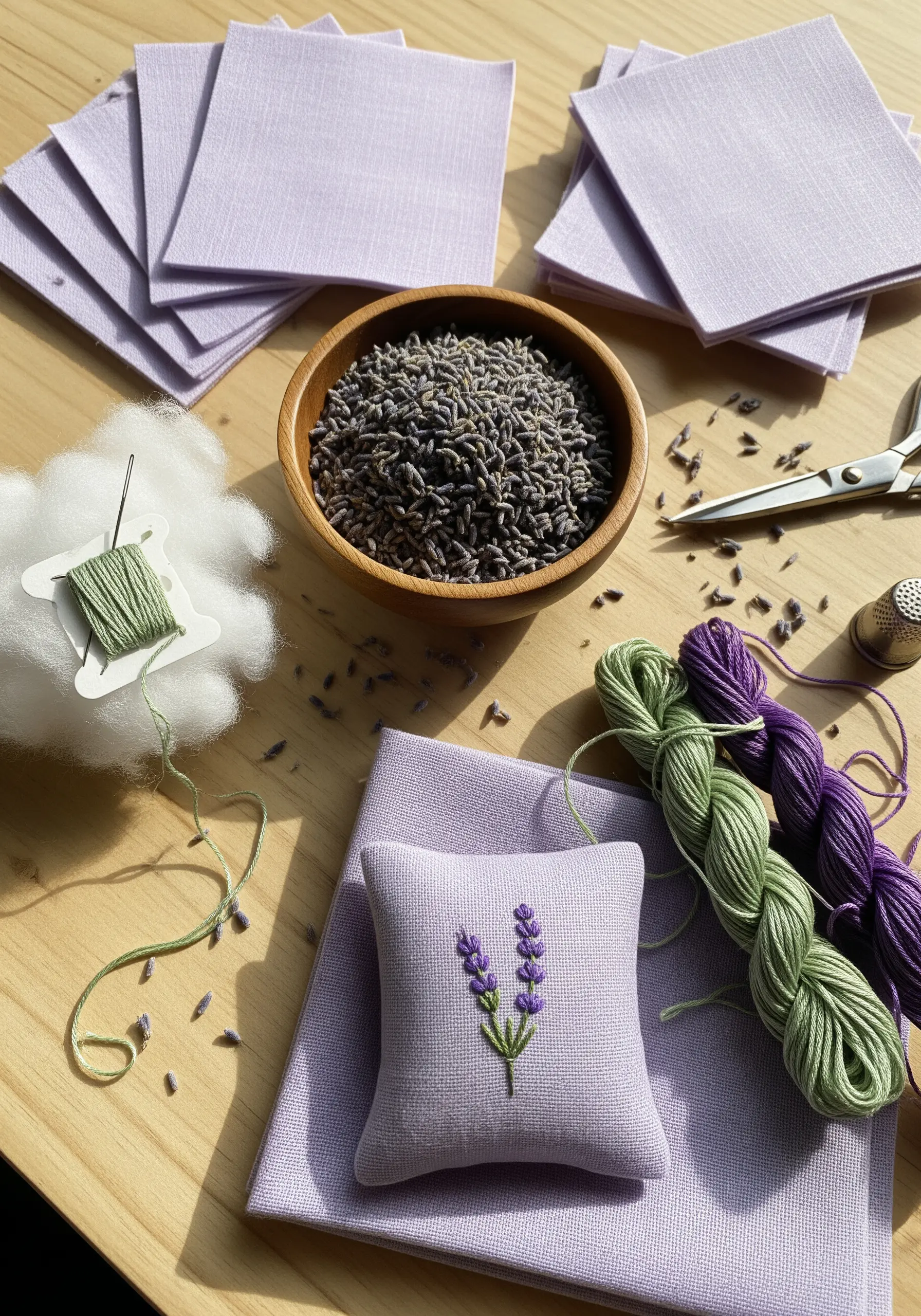 A small lavender-embroidered sachet being made, surrounded by fabric, thread, and dried lavender.