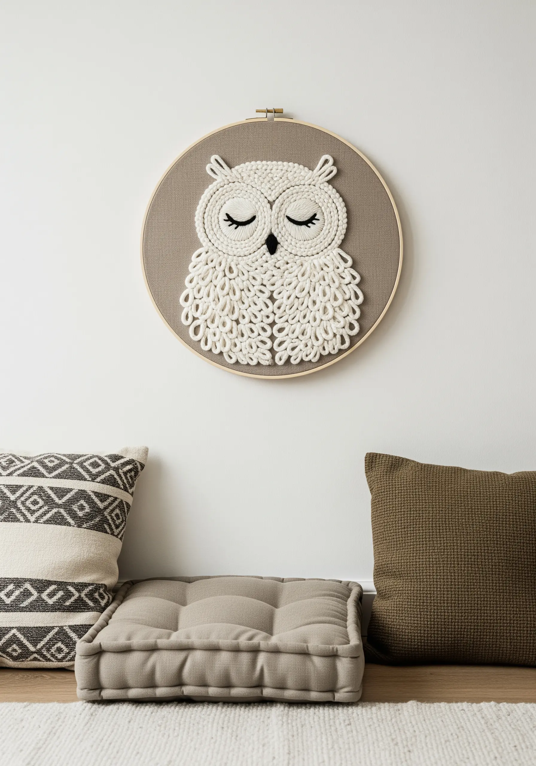 A large embroidery hoop of a stylized owl with highly textured, looped-stitch feathers