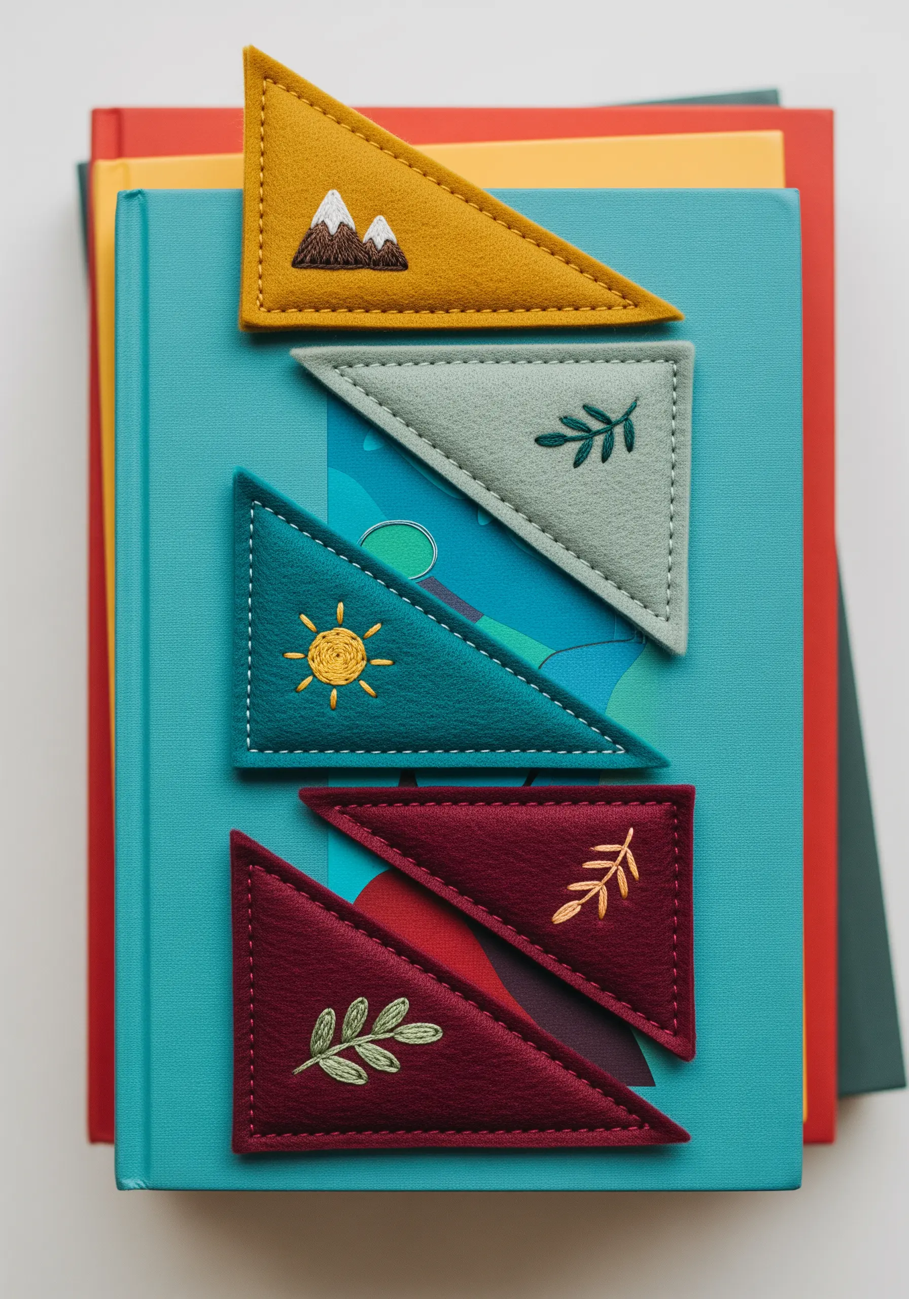A colorful collection of handmade felt corner bookmarks with small embroidered nature designs.