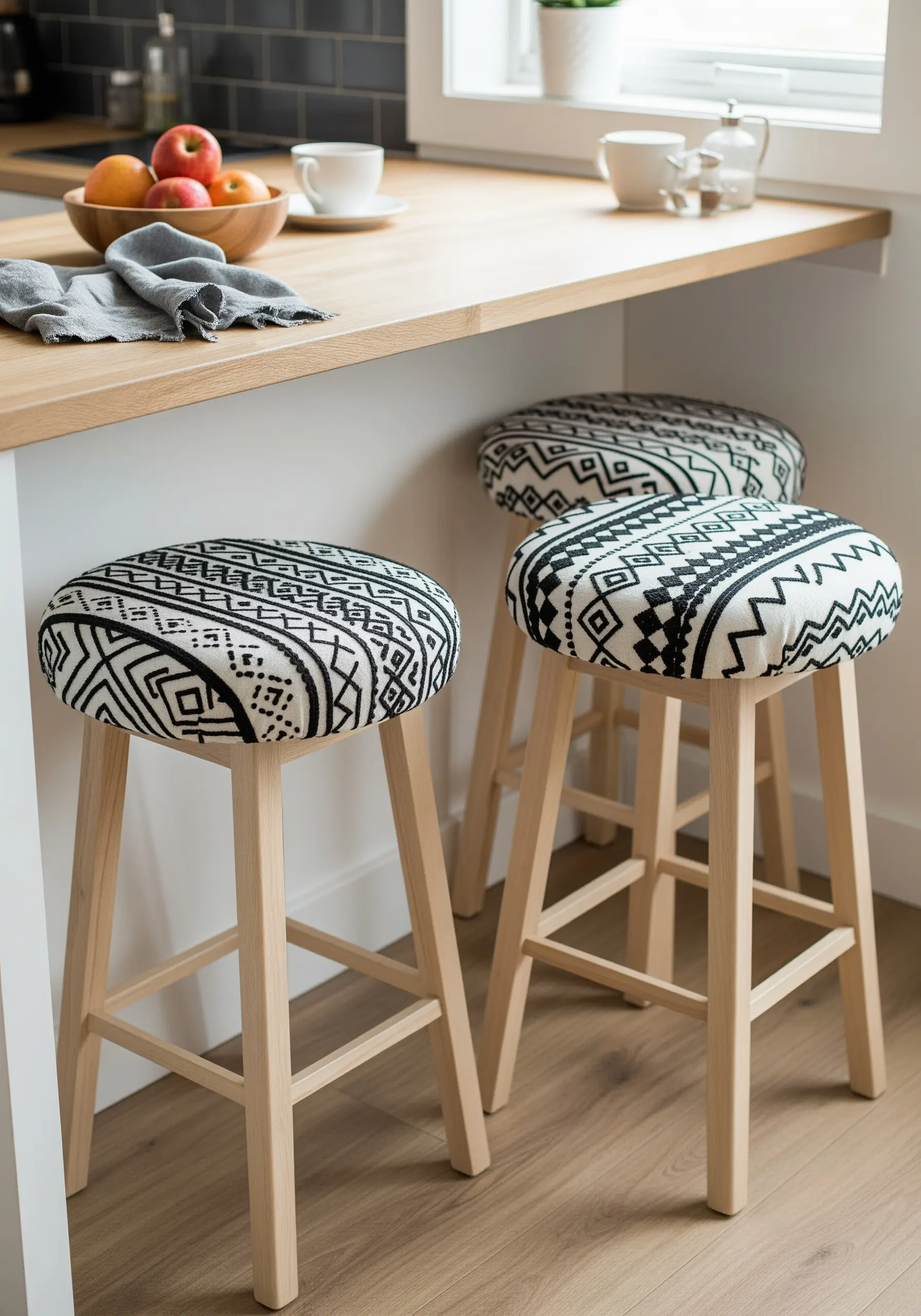 Kitchen stools with custom-made seat covers featuring a black-and-white geometric embroidered pattern.