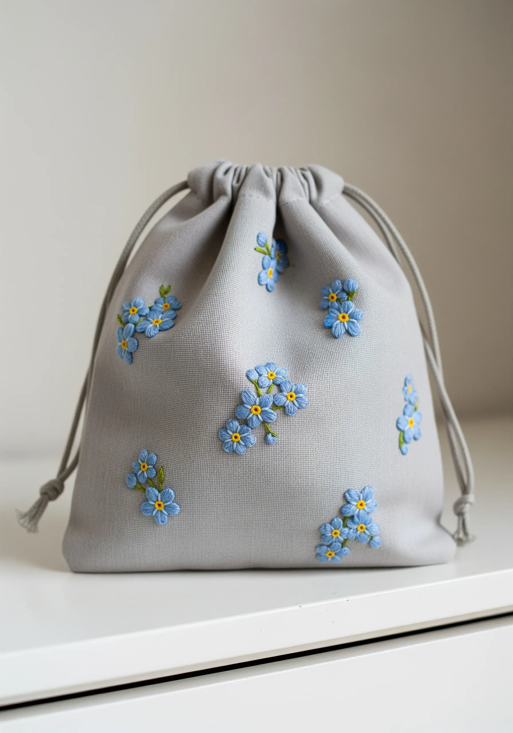 Scattered clusters of blue and yellow forget-me-not flowers on a grey drawstring pouch.