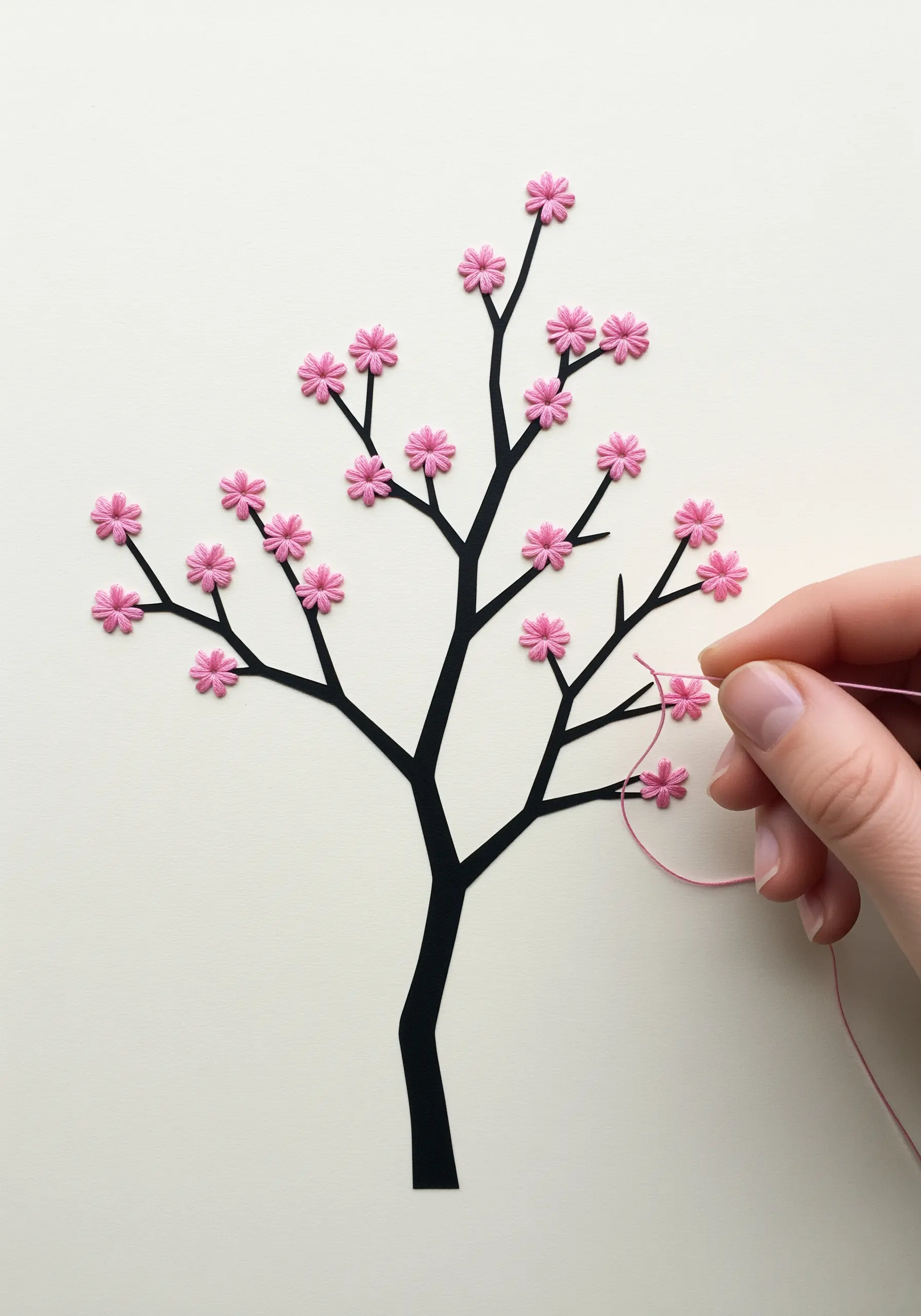A paper cutout of a tree with small, pink woven wheel stitches creating cherry blossoms.