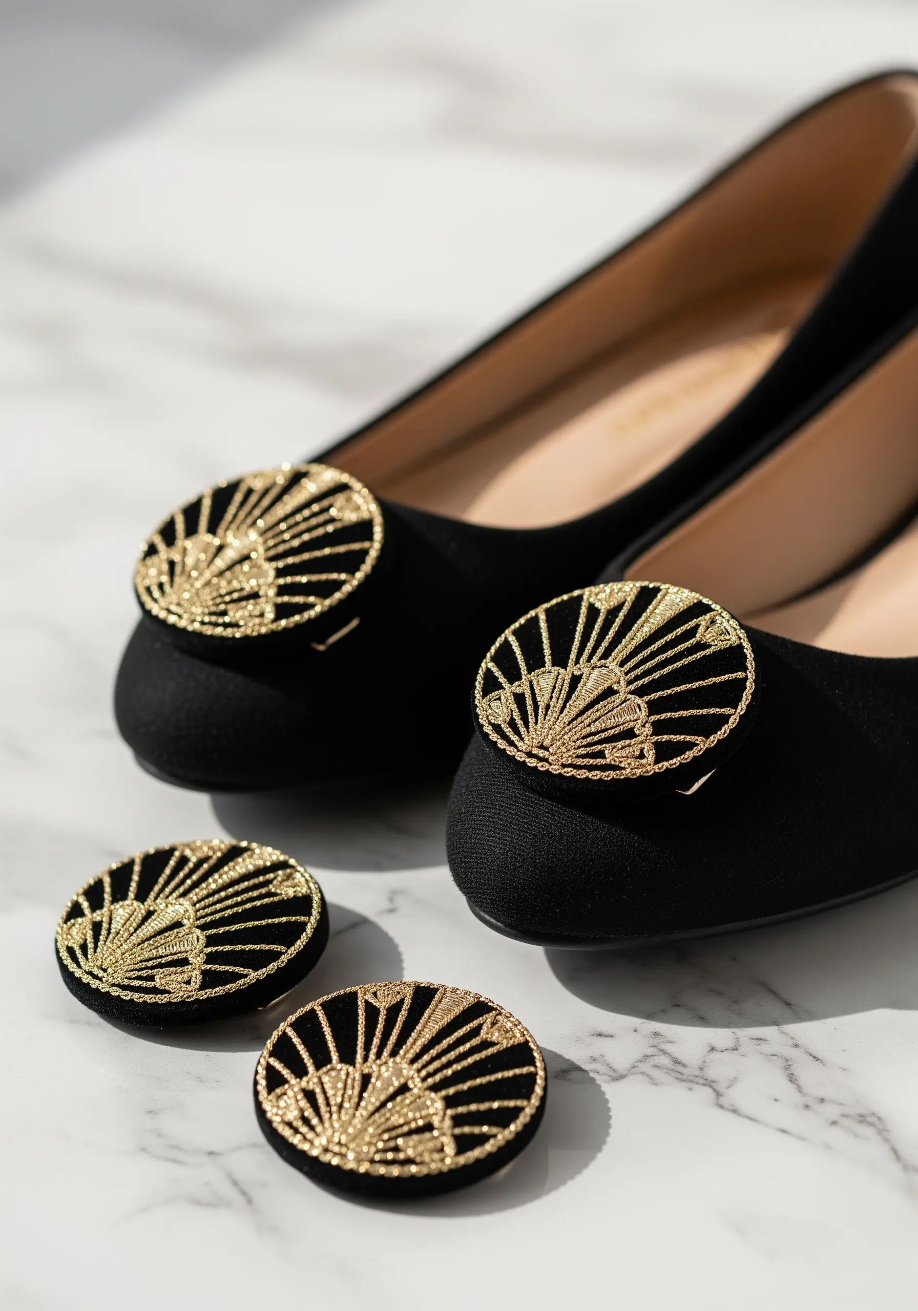 A pair of black flat shoes adorned with removable, hand-embroidered Art Deco fan shoe clips in gold.