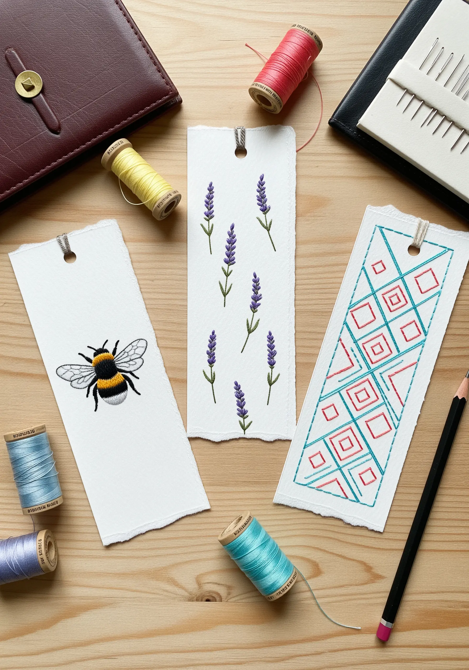 Three embroidered bookmarks on deckle-edge paper, featuring a bumblebee, lavender, and a geometric pattern.