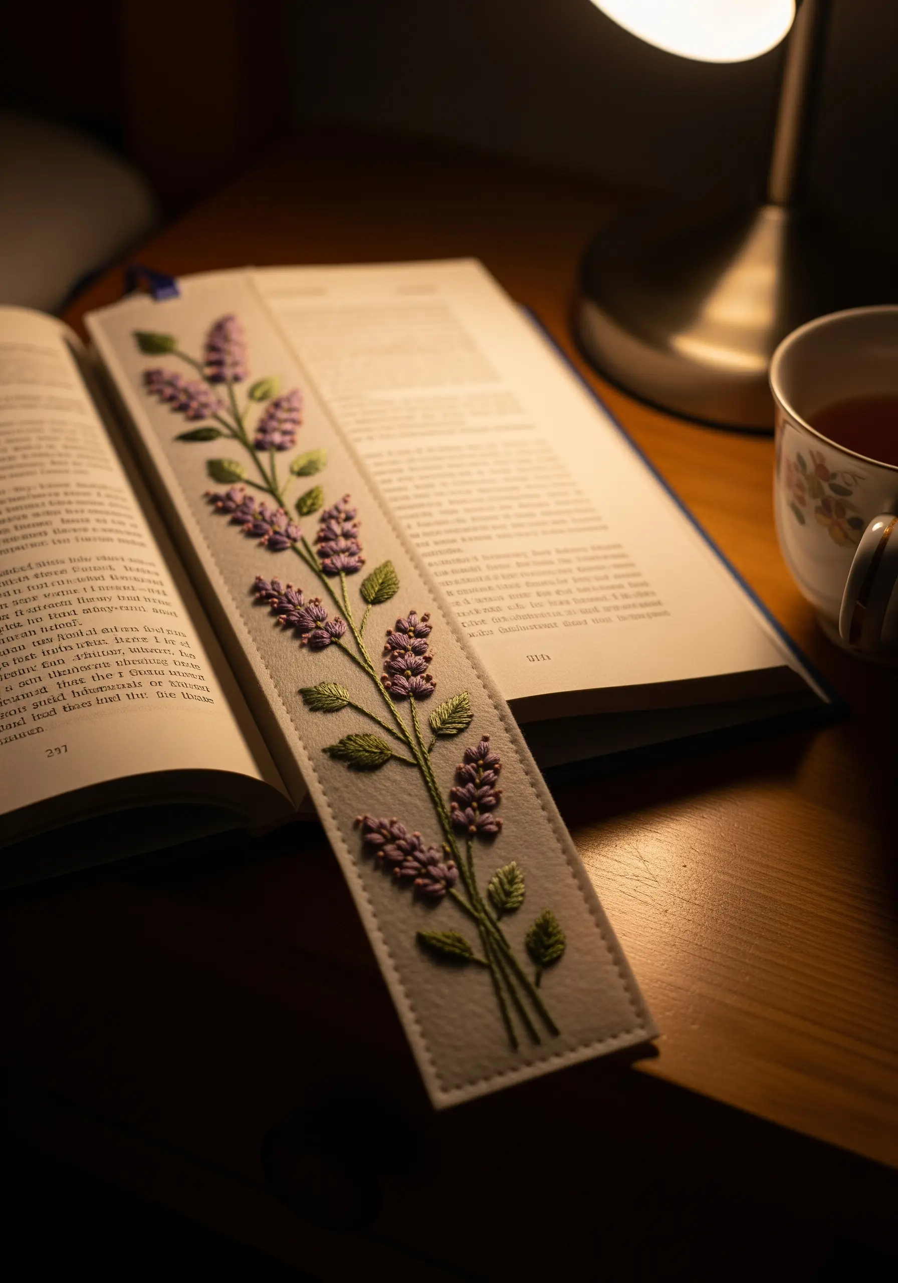 An embroidered lavender bookmark with a satin-stitched border resting inside a book.