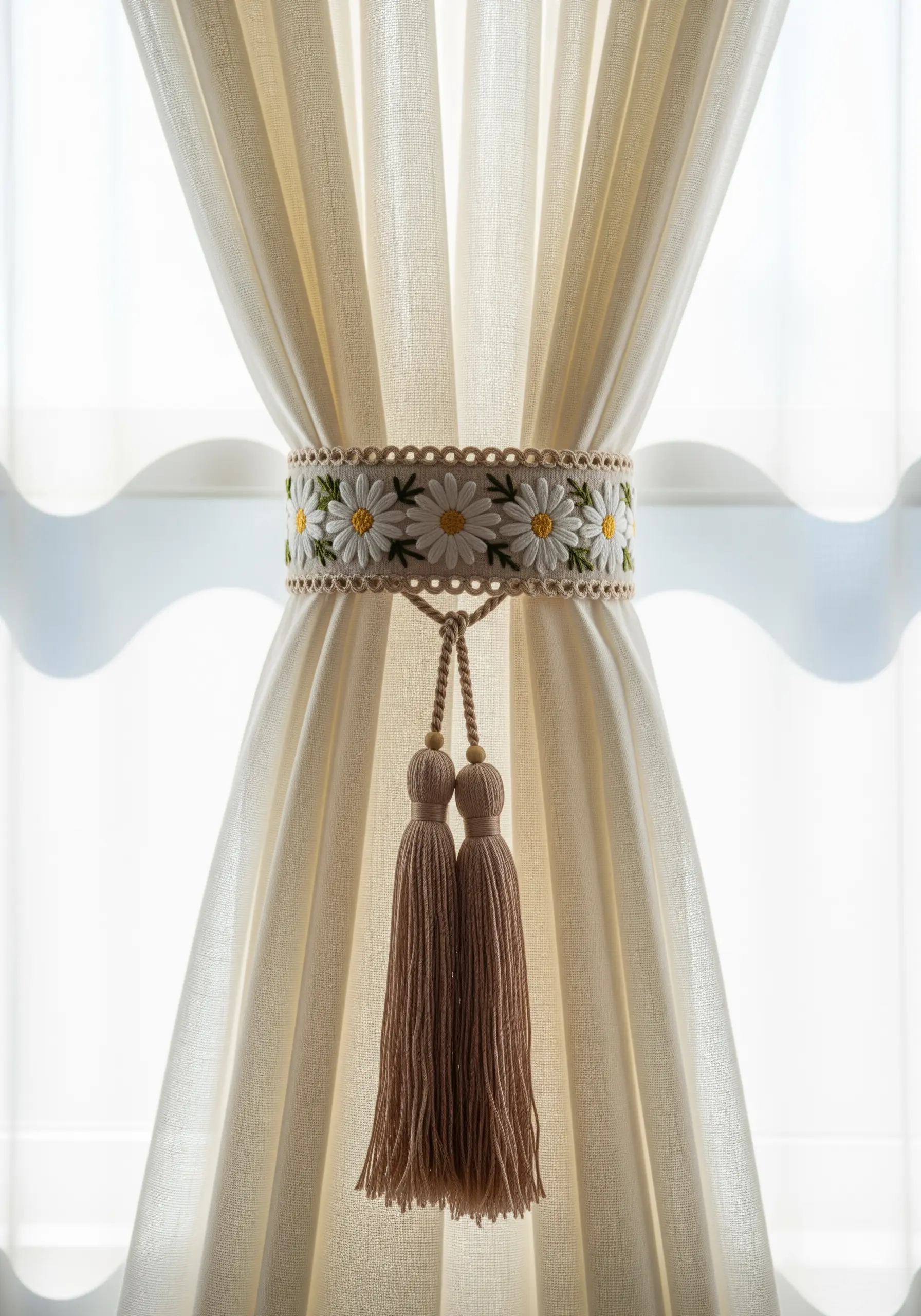 An embroidered curtain tie-back decorated with white daisies and finished with long tassels.
