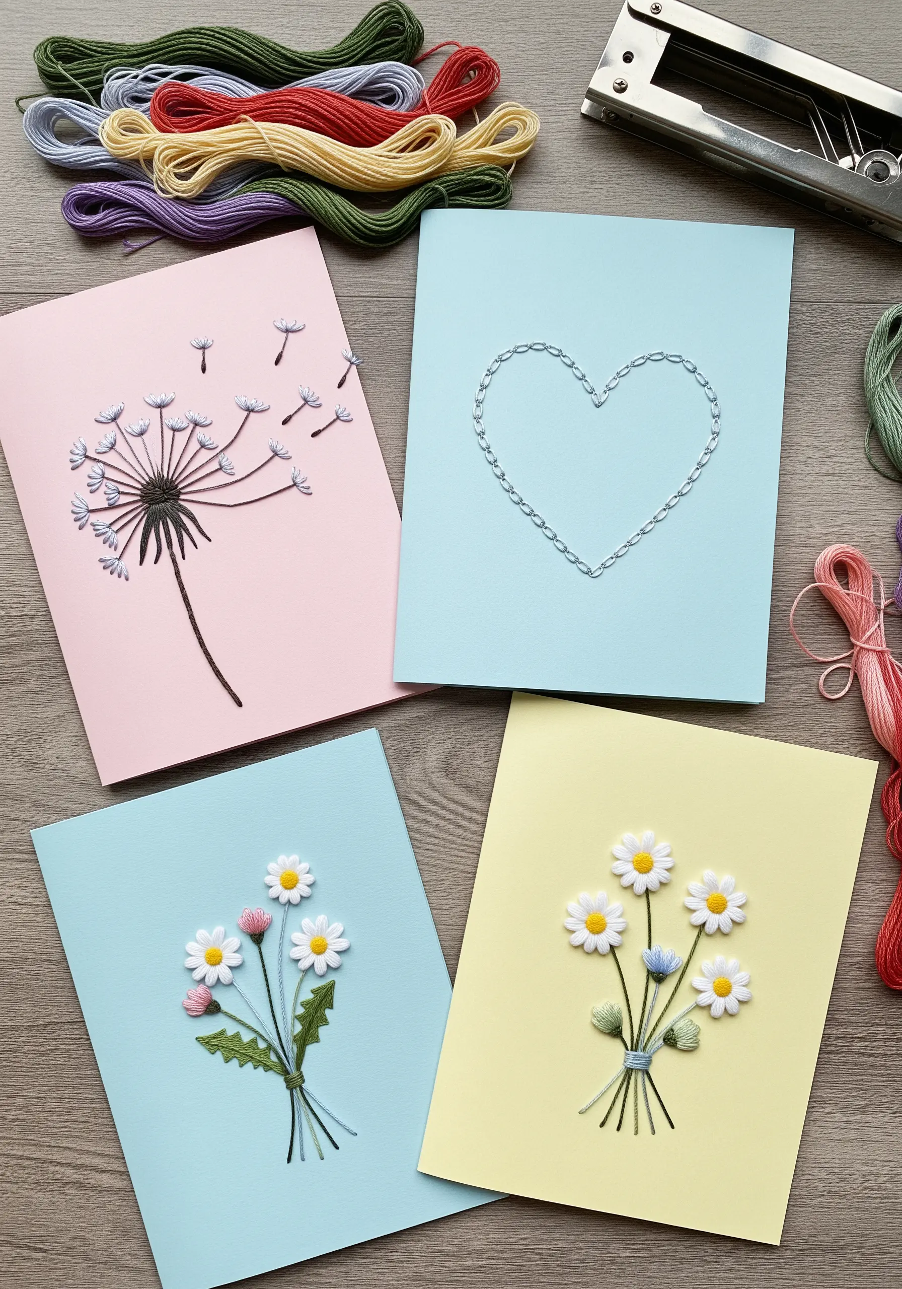 Four embroidered greeting cards with simple floral and heart designs.