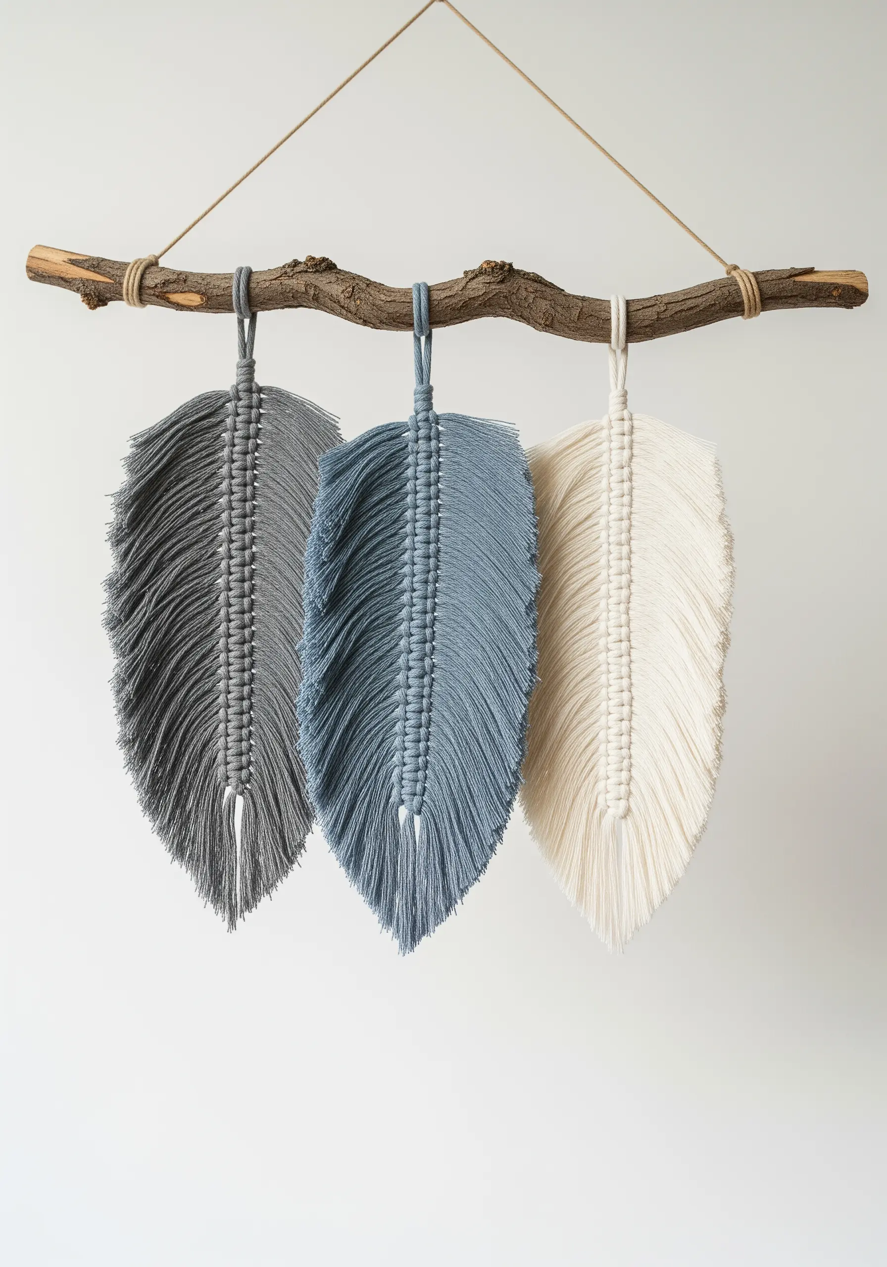 Three macrame feathers in gray, blue, and cream, hanging from a natural branch.