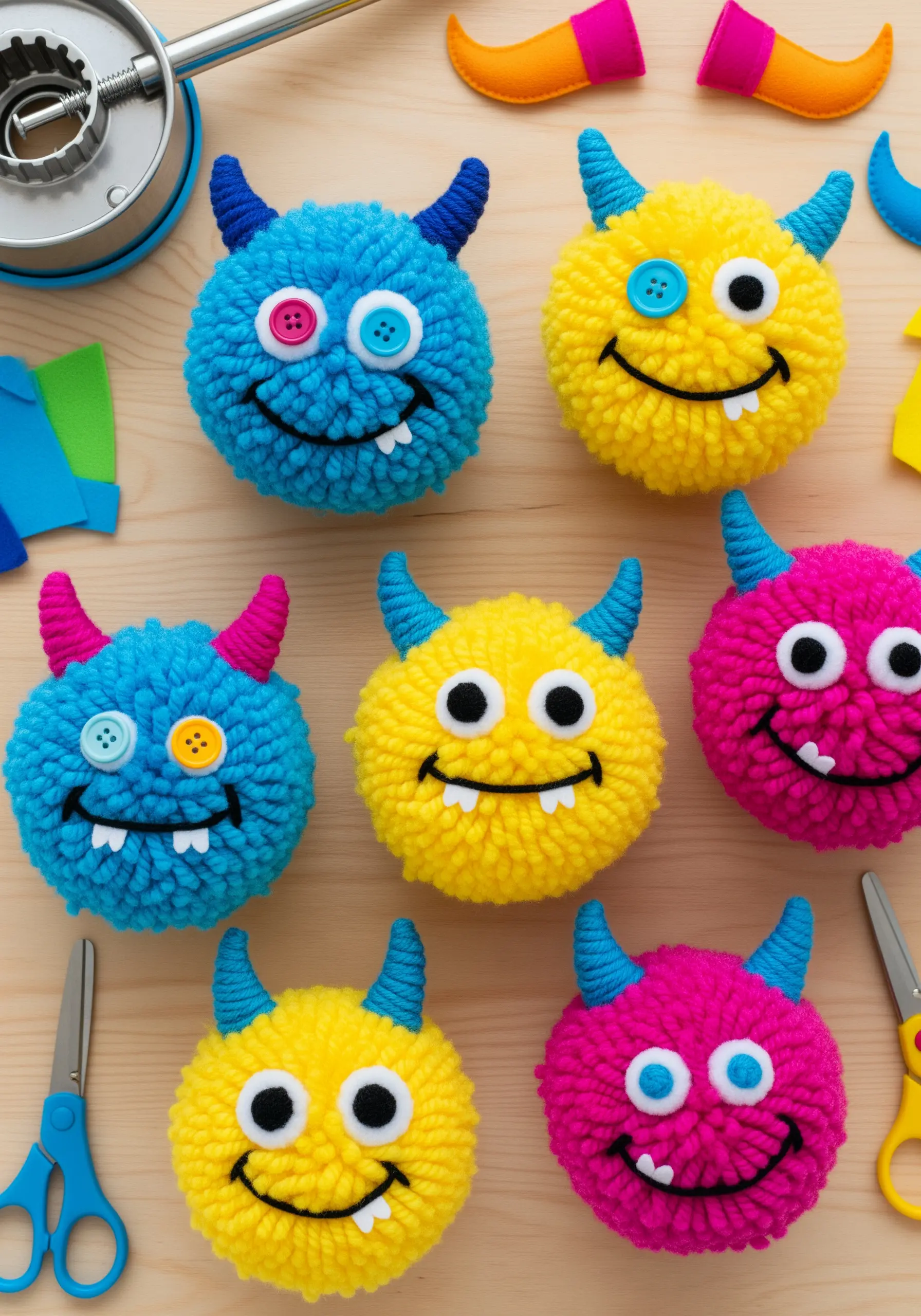 Colorful yarn pom-pom monsters with button eyes and felt horns arranged on a wooden surface.