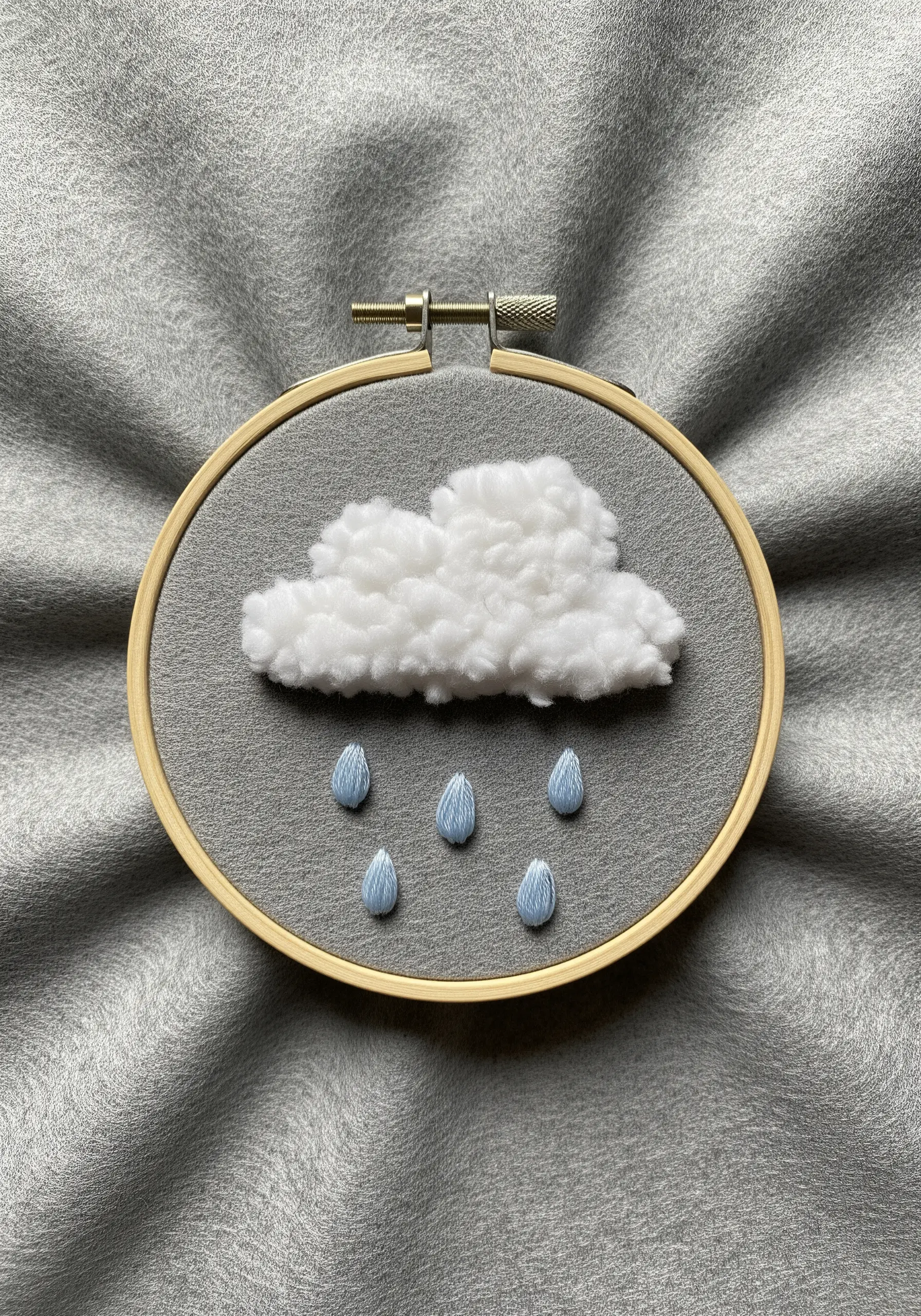 A fluffy 3D embroidered cloud made with yarn, with satin stitch raindrops.