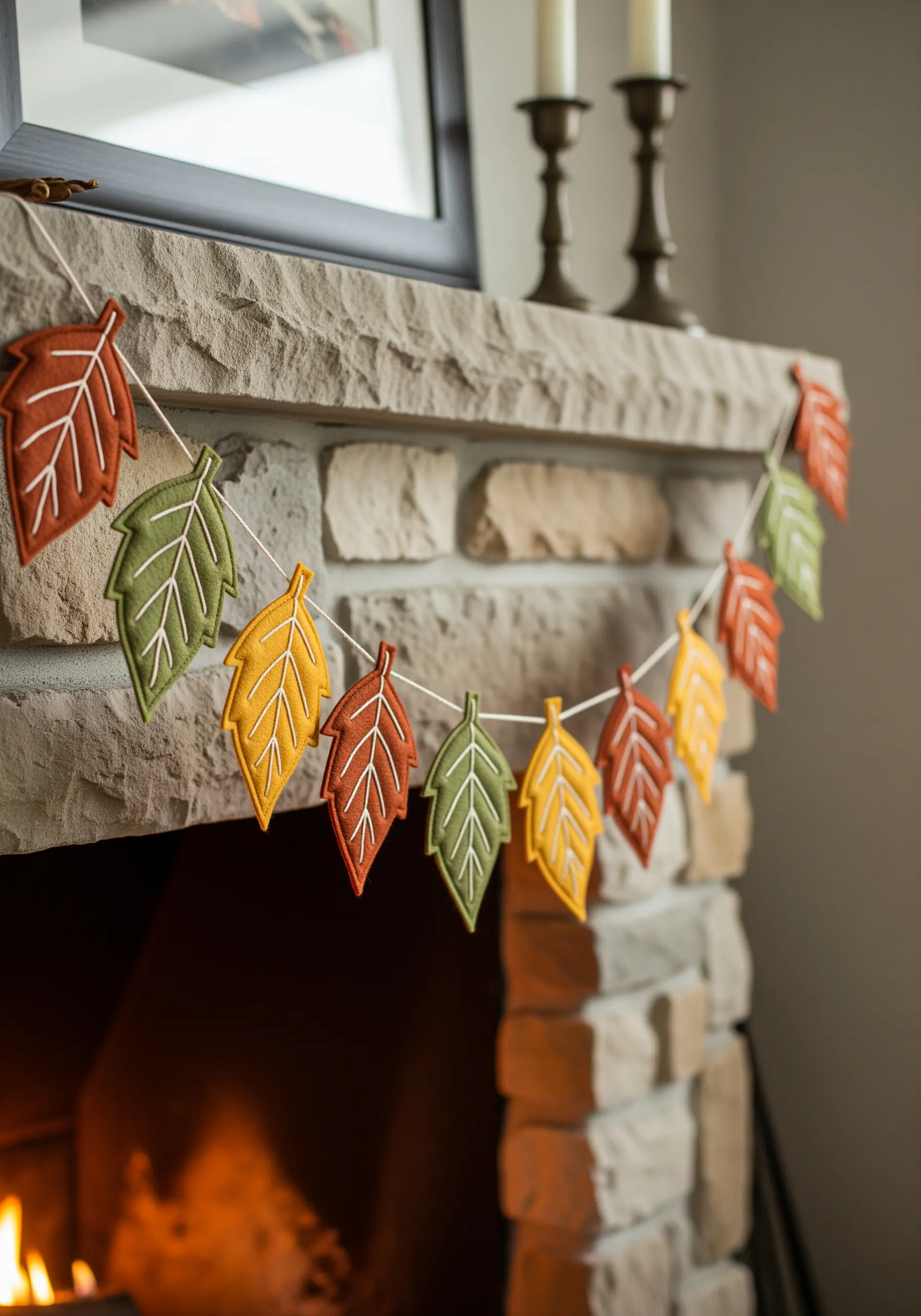 A fireplace mantel decorated with a garland of embroidered autumn leaves made from felt.