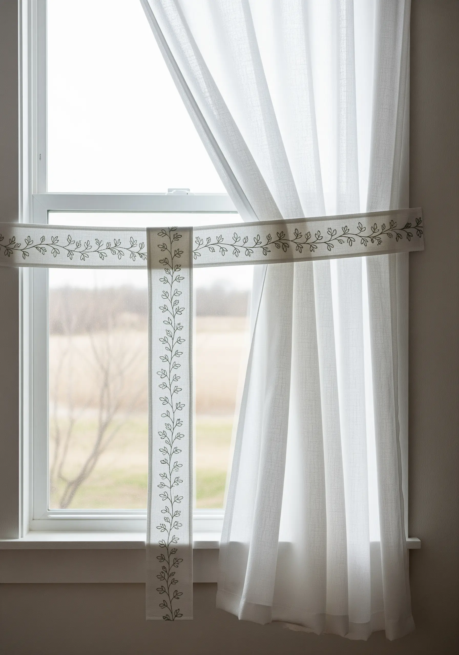 A curtain tie-back embroidered with a delicate green vine pattern.